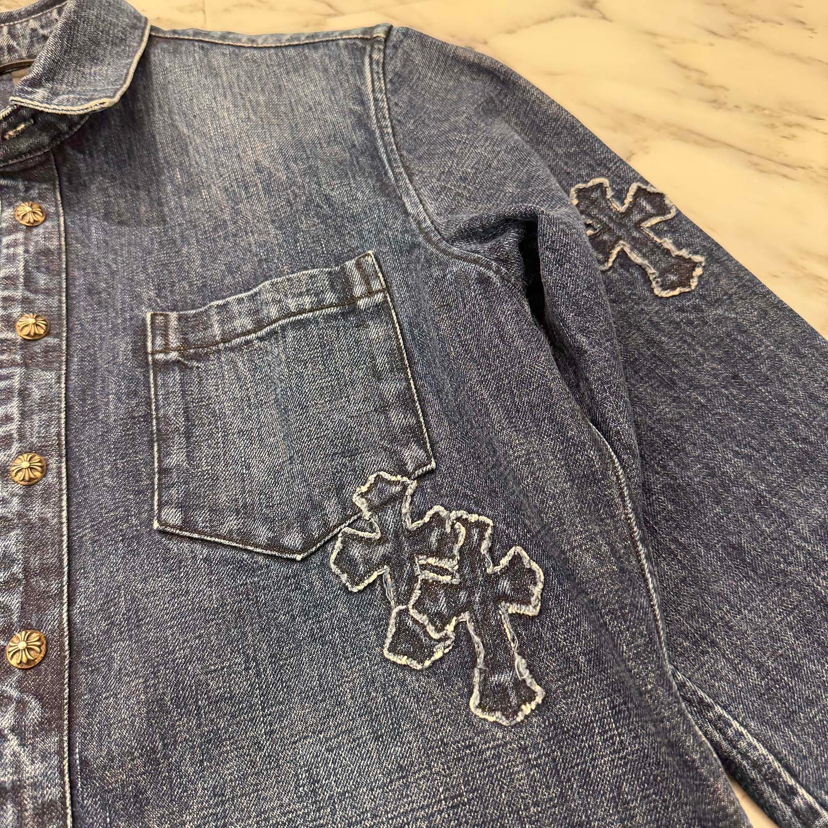 CHROME HEARTS YNOT Denim Cross Patch Shirt Jacket Size M クロムハーツ ワイノット デニムクロスパッチ シャツジャケット サイズM