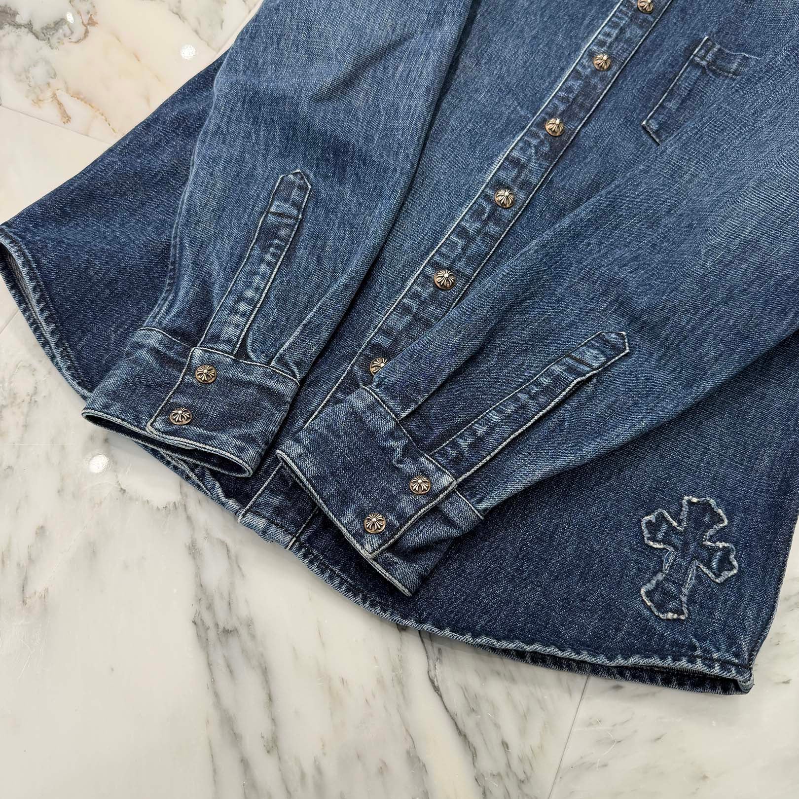 CHROME HEARTS YNOT Denim Cross Patch Shirt Jacket Size M クロムハーツ ワイノット デニムクロスパッチ シャツジャケット サイズM