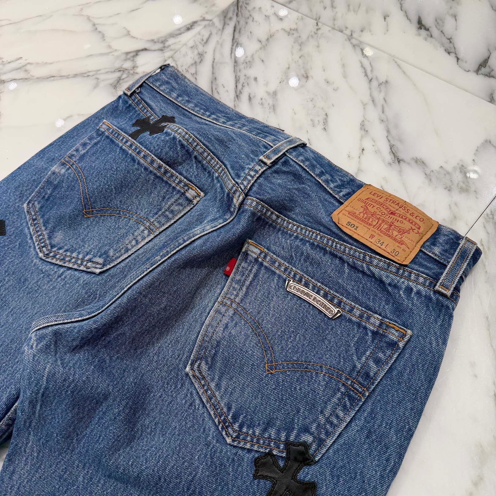 CHROME HEARTS × Levi's 501 VNTG Leather Cross Patch Jeans Size 34 クロムハーツ × リーバイス 501 ヴィンテージ レザークロスパッチ ジーンズ デニムパンツ サイズ34