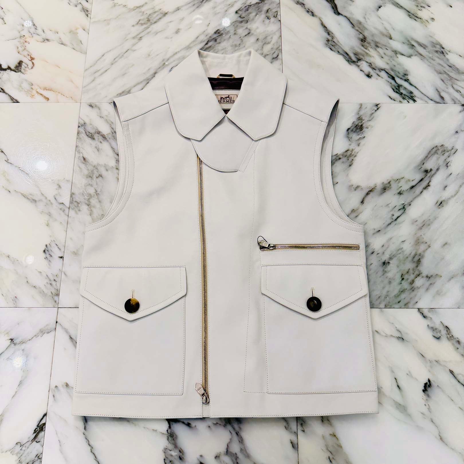 HERMES 2024SS Round Collar Work Leather Hunting Vest Size 44 エルメス ラウンドカラー ワーク レザー ハンティング ベスト サイズ44