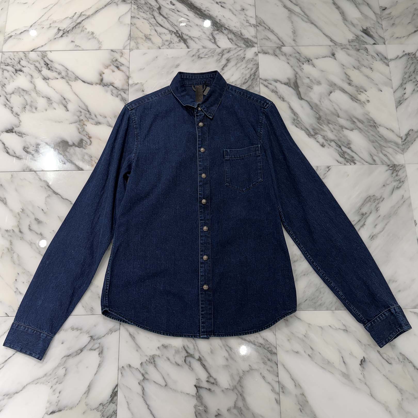 CHROME HEARTS Y NOT Leather Cross Patch Denim Shirt Size L クロムハーツ レザークロスパッチ デニムシャツ サイズL