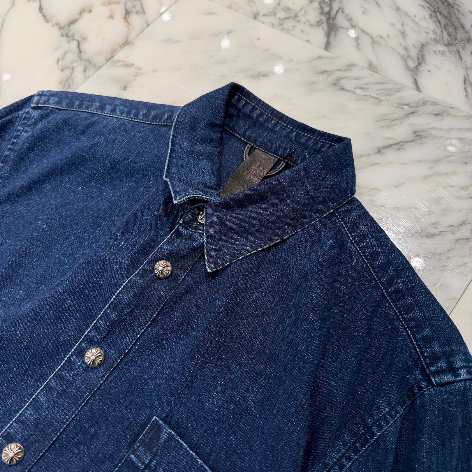 CHROME HEARTS Y NOT Leather Cross Patch Denim Shirt Size L クロムハーツ レザークロスパッチ デニムシャツ サイズL