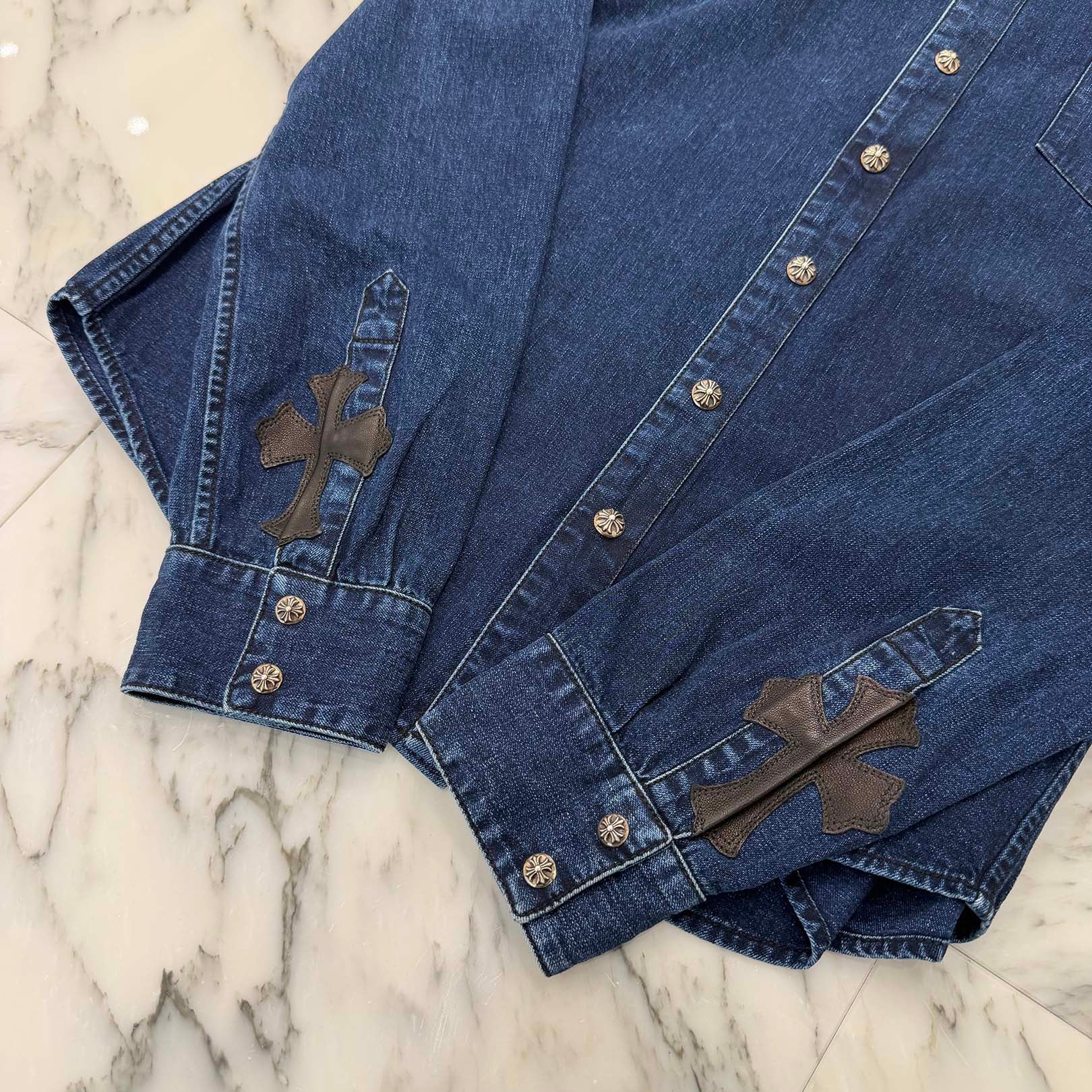 CHROME HEARTS Y NOT Leather Cross Patch Denim Shirt Size L クロムハーツ レザークロスパッチ デニムシャツ サイズL