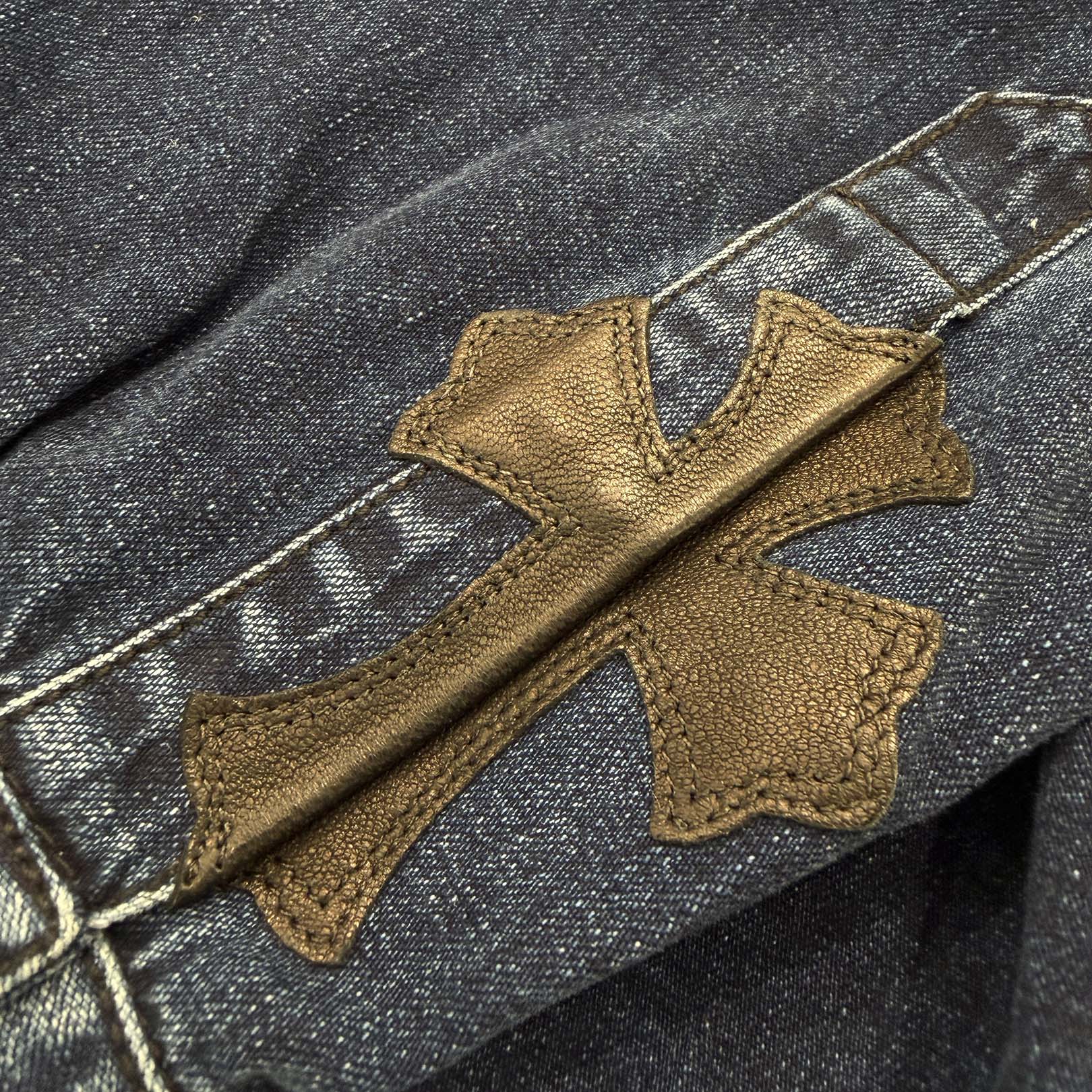 CHROME HEARTS Y NOT Leather Cross Patch Denim Shirt Size L クロムハーツ レザークロスパッチ デニムシャツ サイズL