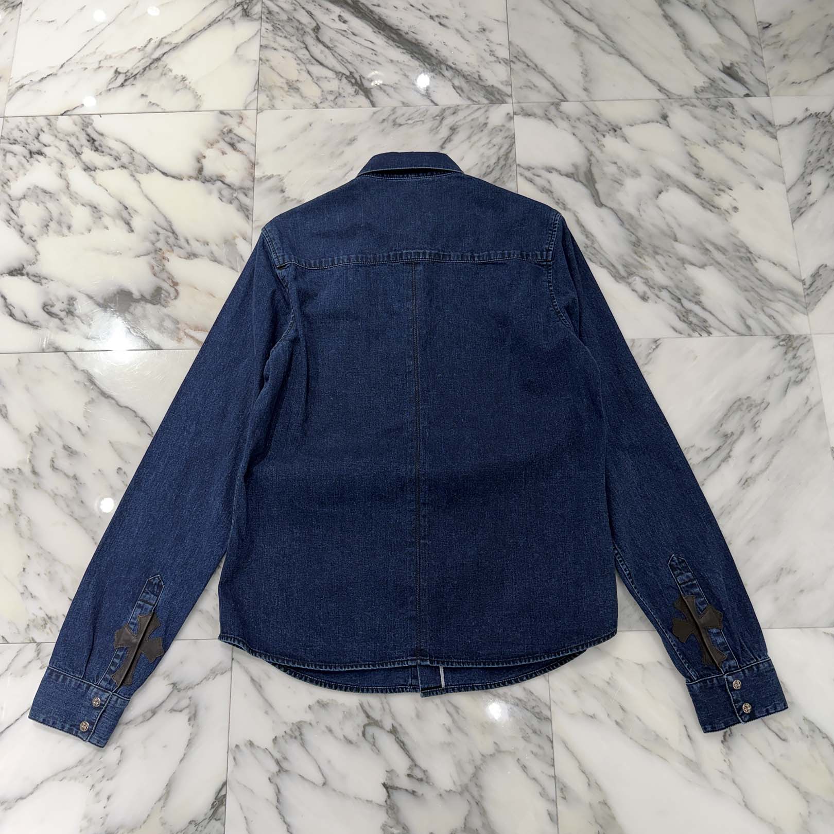 CHROME HEARTS Y NOT Leather Cross Patch Denim Shirt Size L クロムハーツ レザークロスパッチ デニムシャツ サイズL