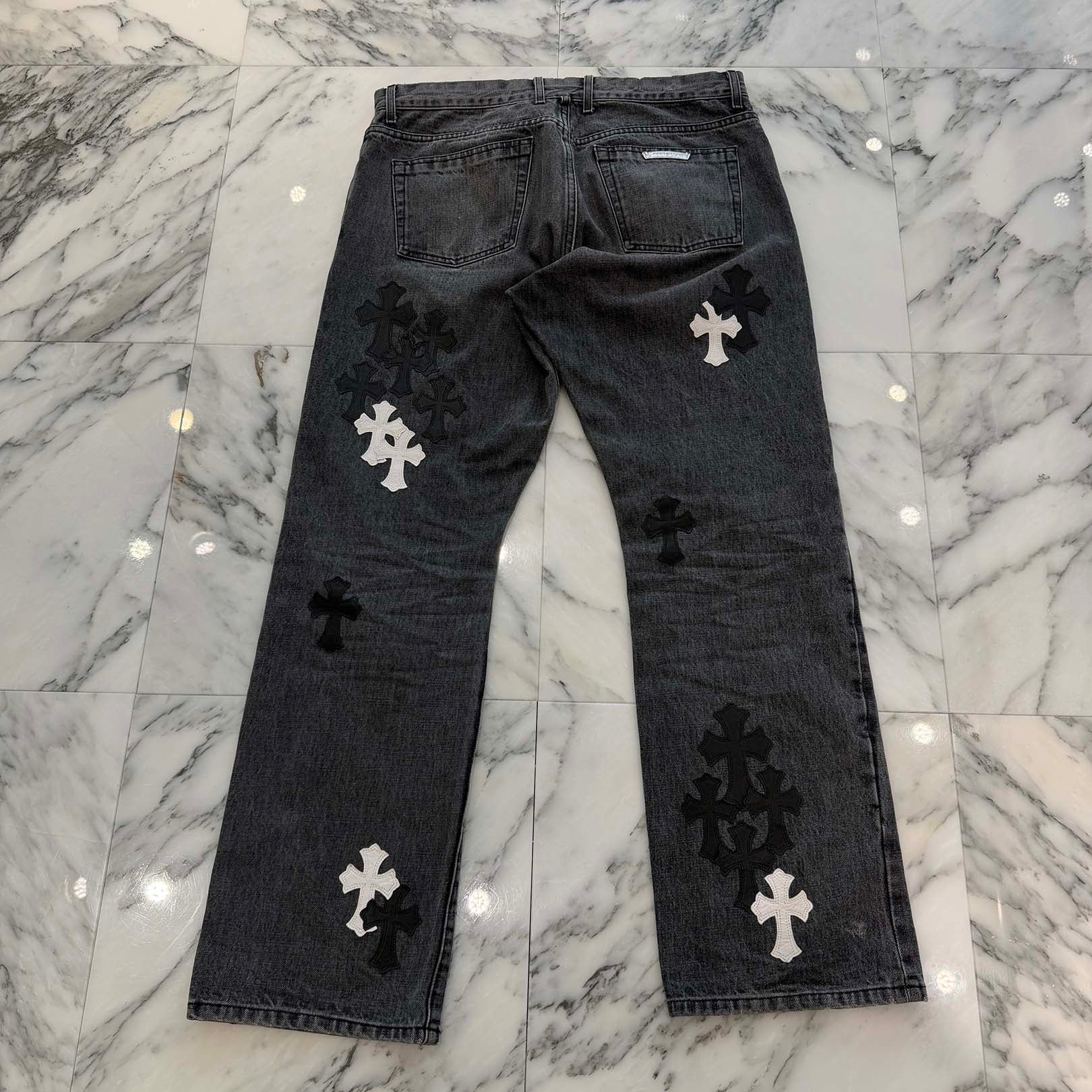 CHROME HEARTS Multi Leather Cross Patch Cross Ball Button Flare Knee Denim Pants Size 36 クロムハーツ マルチレザークロスパッチ クロスボールボタン フレアニー デニムパンツ サイズ36