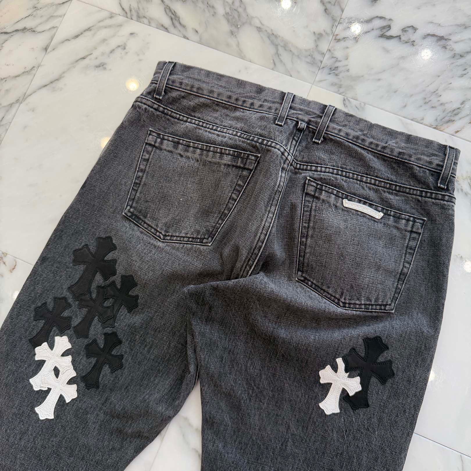 CHROME HEARTS Multi Leather Cross Patch Cross Ball Button Flare Knee Denim Pants Size 36 クロムハーツ マルチレザークロスパッチ クロスボールボタン フレアニー デニムパンツ サイズ36