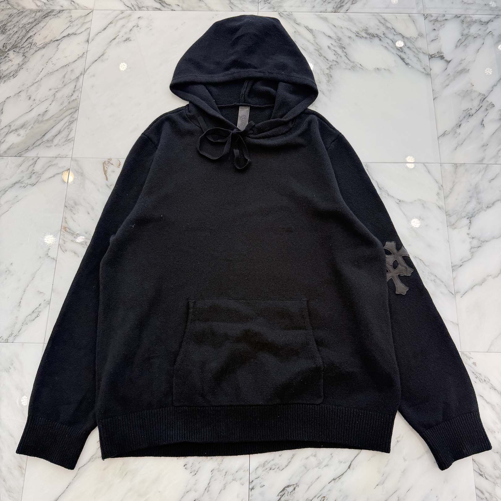 CHROME HEARTS Y NOT Leather Cross Patch Cashmere Knit Pullover Hoodie Size L クロムハーツ ワイノット レザークロスパッチ カシミヤニット プルオーバーフーディ サイズL