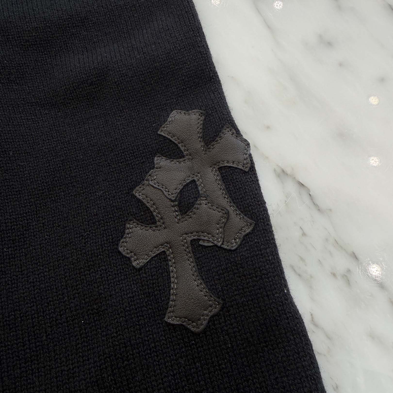 CHROME HEARTS Y NOT Leather Cross Patch Cashmere Knit Pullover Hoodie Size L クロムハーツ ワイノット レザークロスパッチ カシミヤニット プルオーバーフーディ サイズL