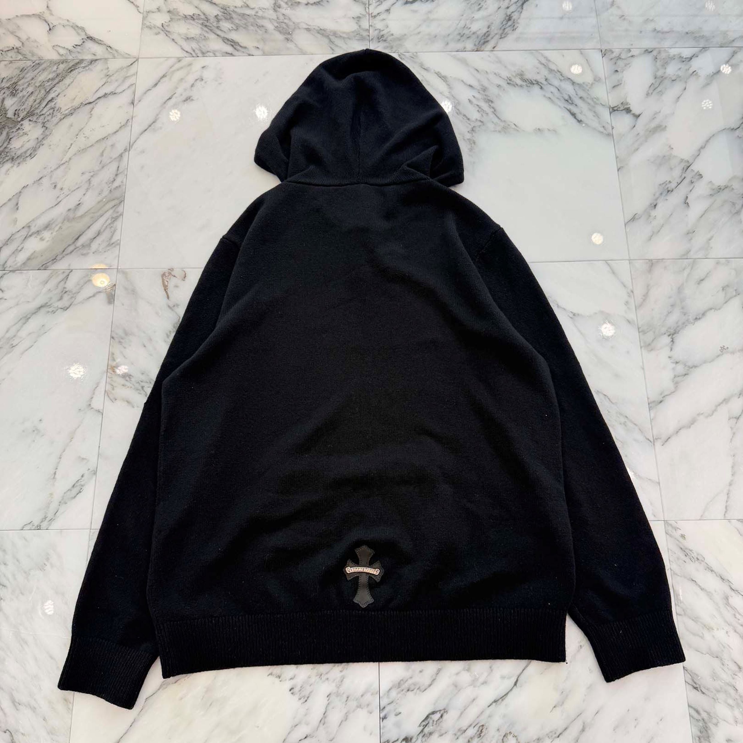 CHROME HEARTS Y NOT Leather Cross Patch Cashmere Knit Pullover Hoodie Size L クロムハーツ ワイノット レザークロスパッチ カシミヤニット プルオーバーフーディ サイズL