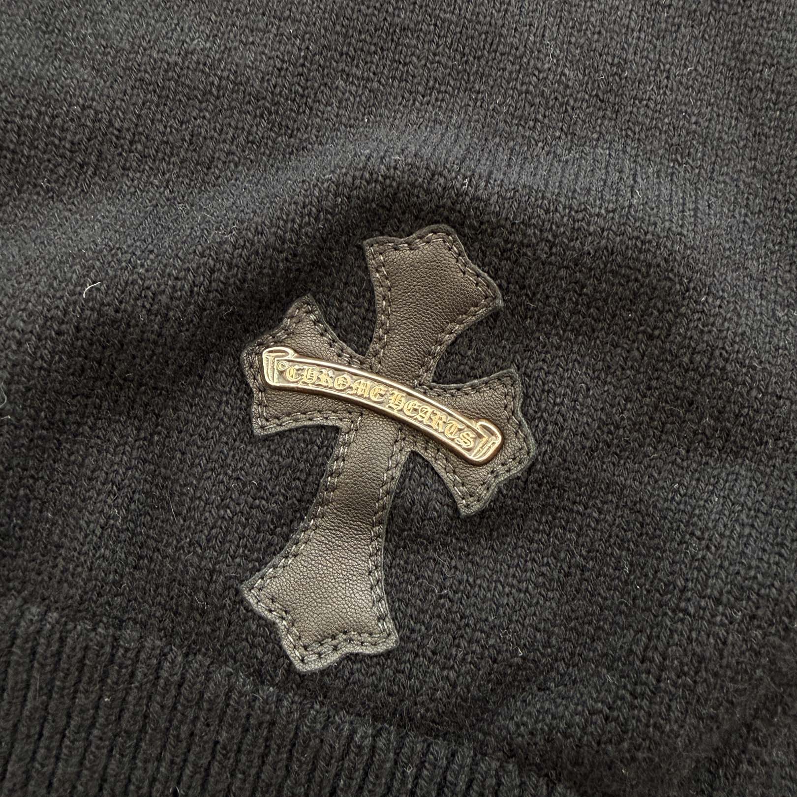 CHROME HEARTS Y NOT Leather Cross Patch Cashmere Knit Pullover Hoodie Size L クロムハーツ ワイノット レザークロスパッチ カシミヤニット プルオーバーフーディ サイズL