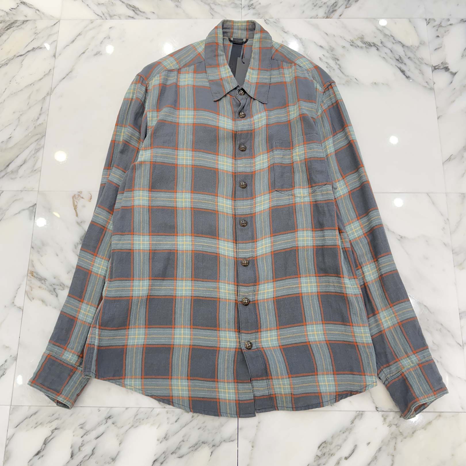 CHROME HEARTS Y NOT Loose Ends Cross Leather Patch Check Shirt Size L クロムハーツ ワイノット ルーズエンド レザークロスパッチ チェックシャツ サイズL