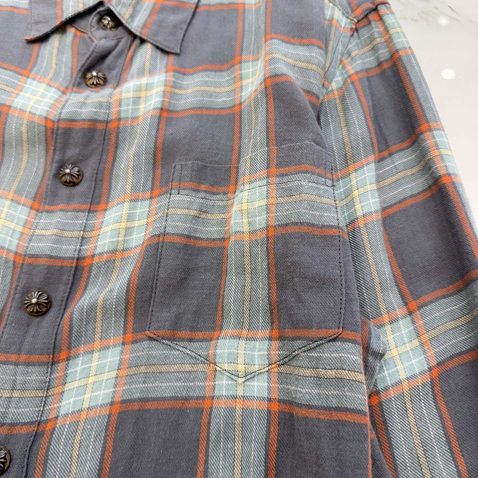 CHROME HEARTS Y NOT Loose Ends Cross Leather Patch Check Shirt Size L クロムハーツ ワイノット ルーズエンド レザークロスパッチ チェックシャツ サイズL