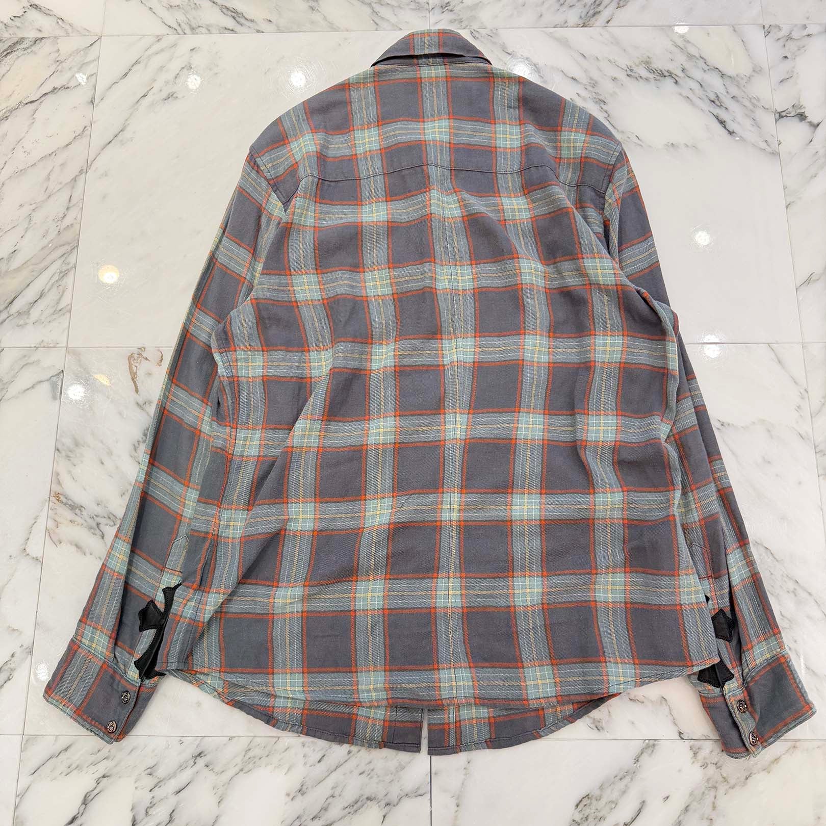 CHROME HEARTS Y NOT Loose Ends Cross Leather Patch Check Shirt Size L クロムハーツ ワイノット ルーズエンド レザークロスパッチ チェックシャツ サイズL