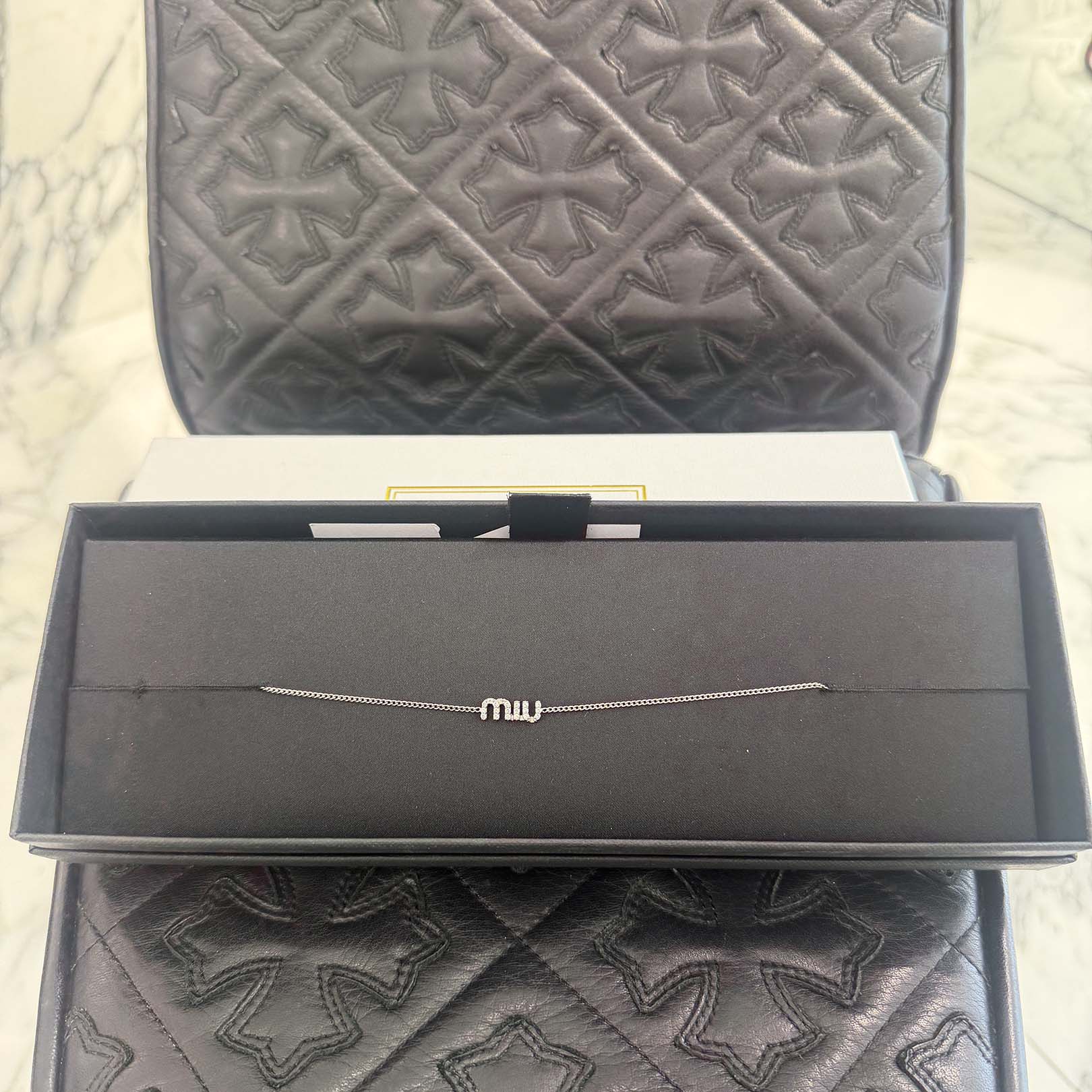 MIU MIU Logo Rhinestone Bracelet 5IB454 2DNC ミュウミュウ ロゴラインストーン ブレスレット