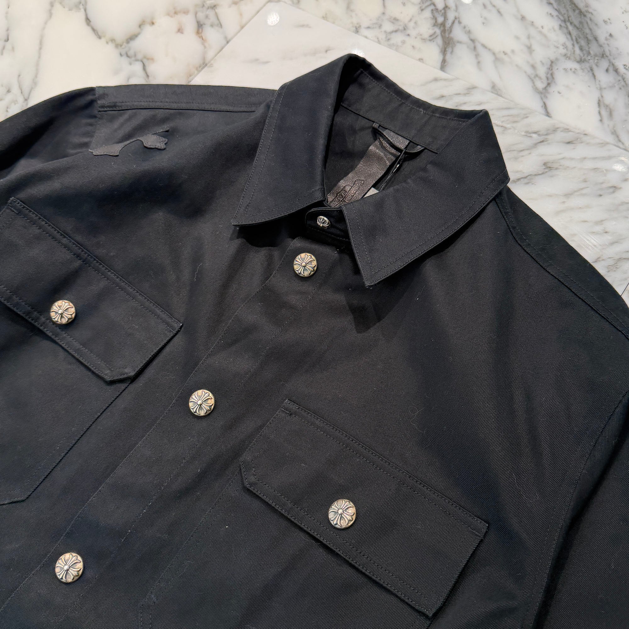 CHROME HEARTS Y NOT WORK DOG Leopard Harako Leather Cross Patch Shirt Jacket Size XXL クロムハーツ ワイノット ワークドッグ レオパード ハラコ レザークロスパッチ シャツジャケット サイズXXL