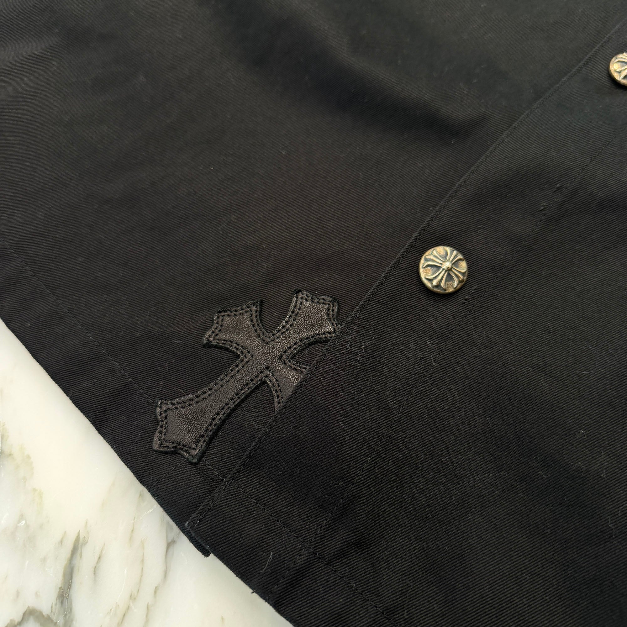 CHROME HEARTS Y NOT WORK DOG Leopard Harako Leather Cross Patch Shirt Jacket Size XXL クロムハーツ ワイノット ワークドッグ レオパード ハラコ レザークロスパッチ シャツジャケット サイズXXL