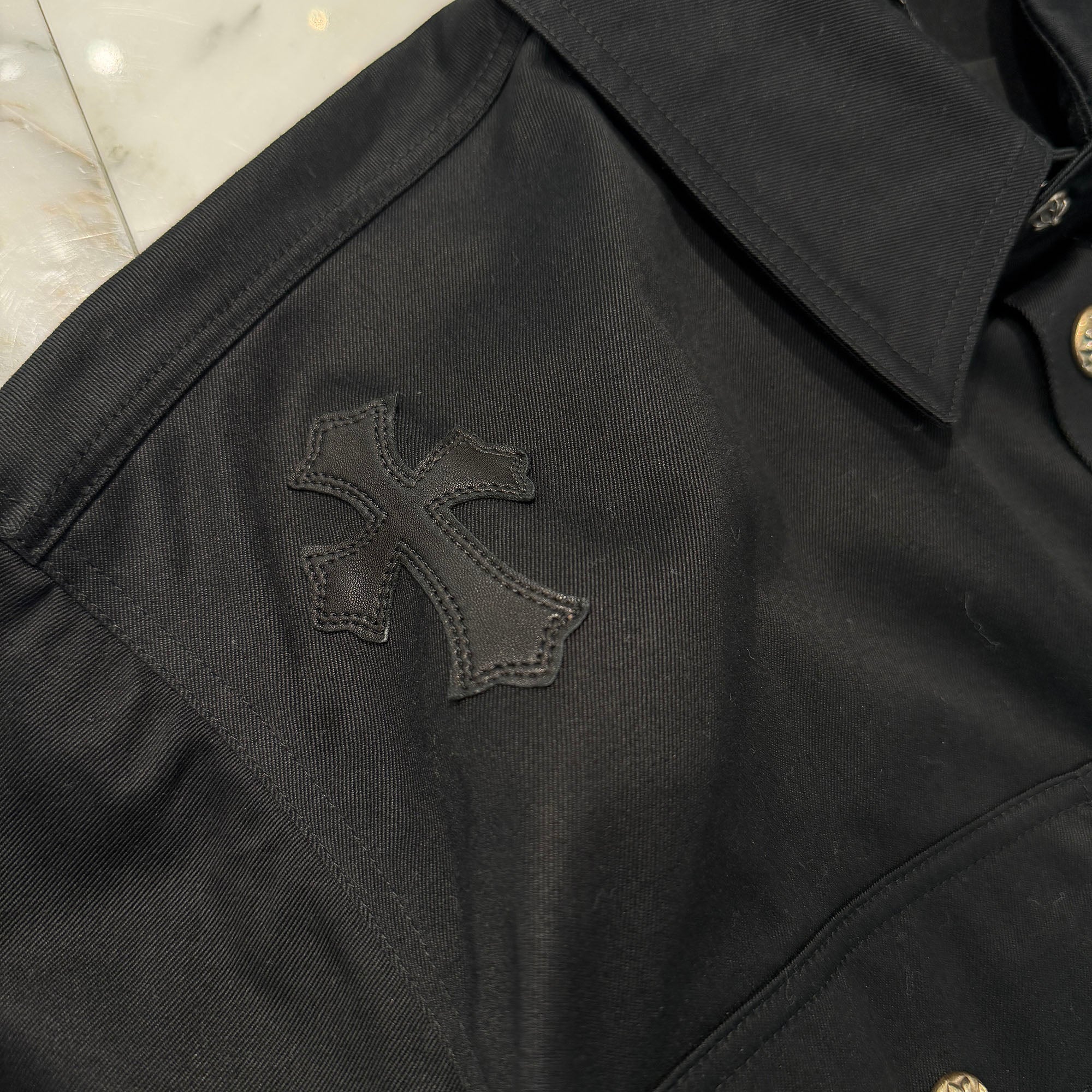 CHROME HEARTS Y NOT WORK DOG Leopard Harako Leather Cross Patch Shirt Jacket Size XXL クロムハーツ ワイノット ワークドッグ レオパード ハラコ レザークロスパッチ シャツジャケット サイズXXL
