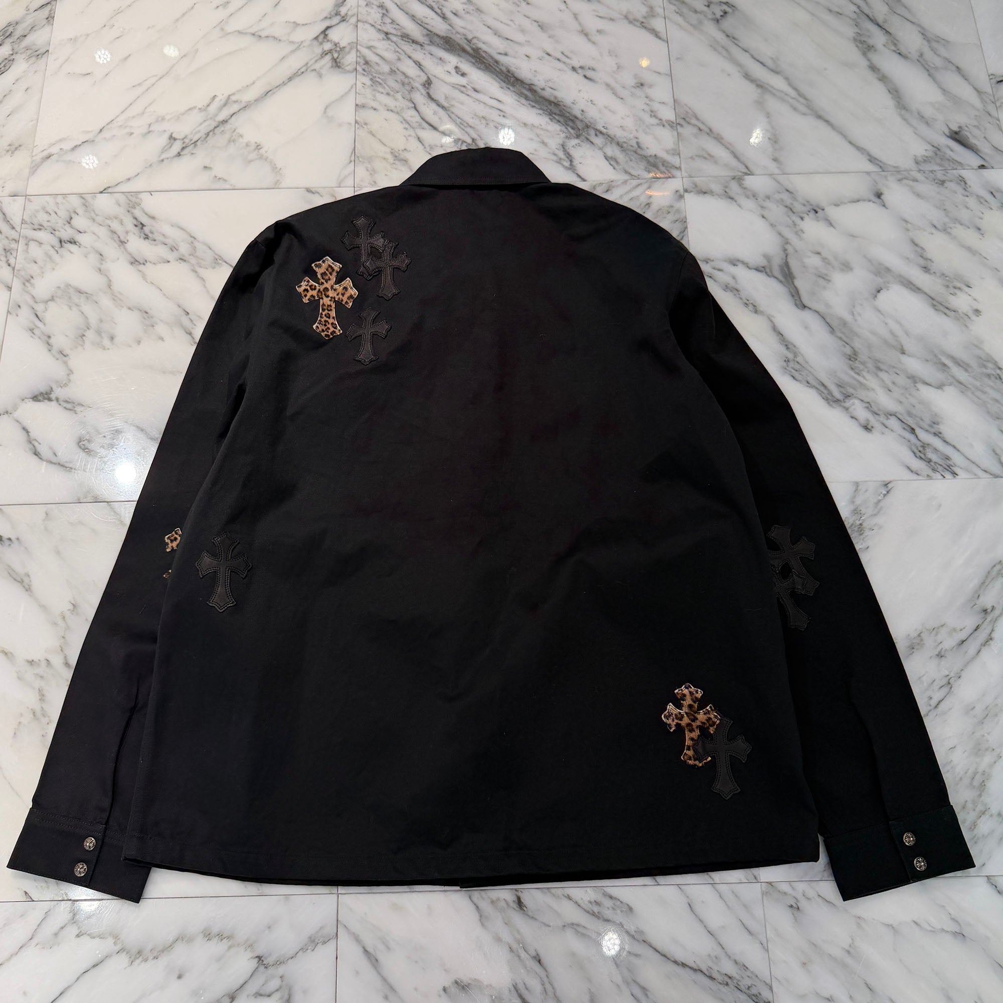 CHROME HEARTS Y NOT WORK DOG Leopard Harako Leather Cross Patch Shirt Jacket Size XXL クロムハーツ ワイノット ワークドッグ レオパード ハラコ レザークロスパッチ シャツジャケット サイズXXL