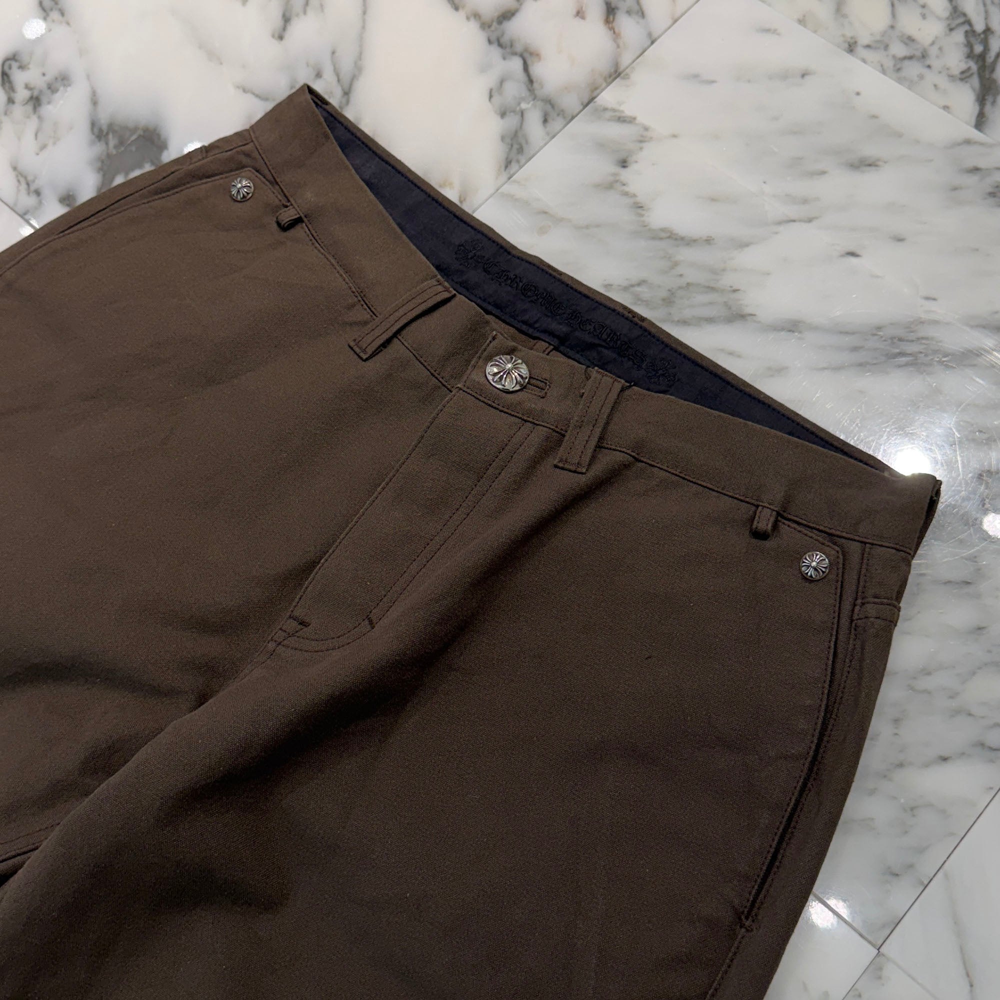 CHROME HEARTS Cemetery Cross Leather Patch Cotton Cargo Pants Size 34 クロムハーツ セメタリー クロス レザー パッチ コットン カーゴ パンツ ブラウン サイズ34