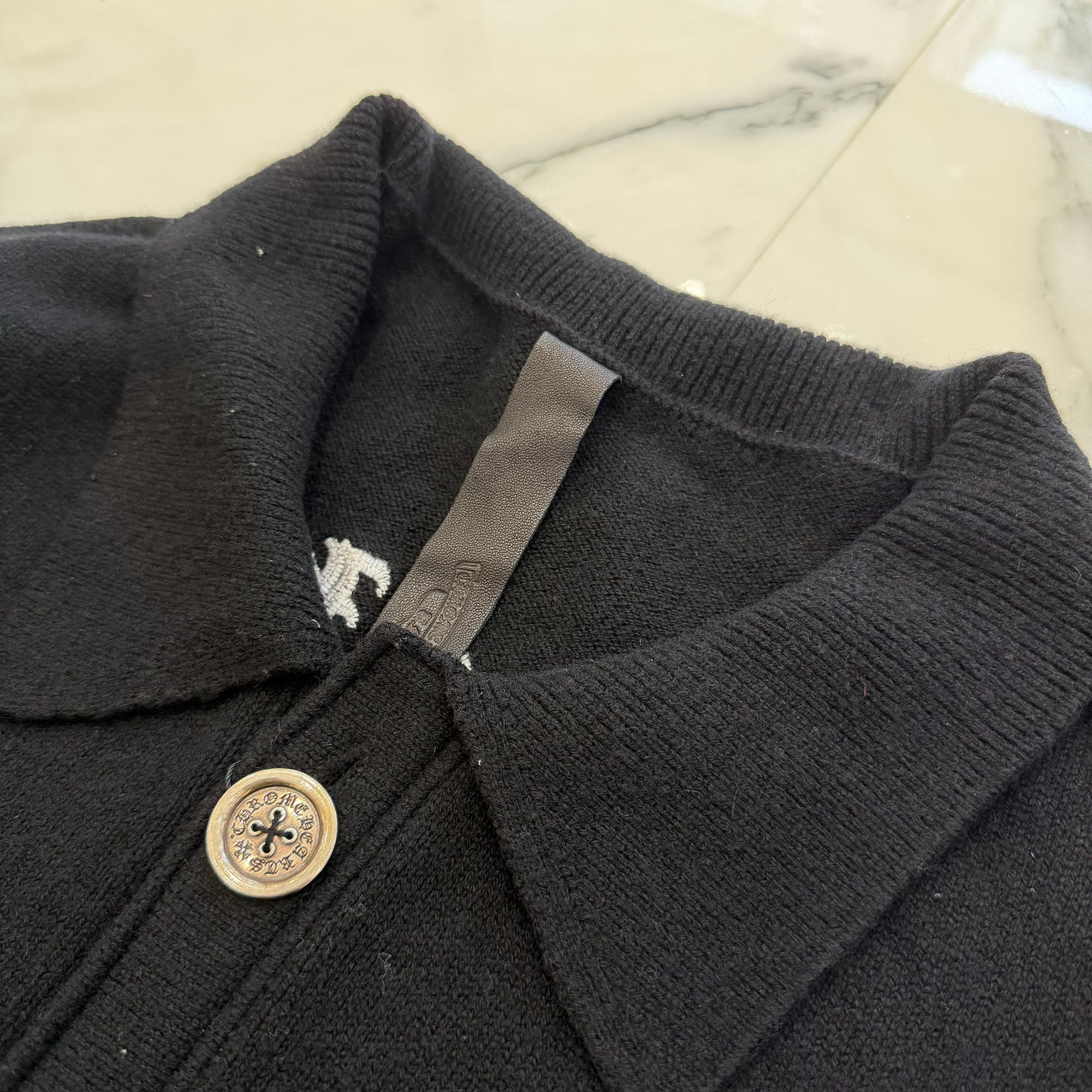 CHROME HEARTS Y NOT King Taco 3 Cemetery Cross Leather Patch Cashmere Knit Cardigan Size XL クロムハーツ ワイノット キングタコ 3セメタリークロスレザーパッチ カシミアニット カーディガン サイズXL