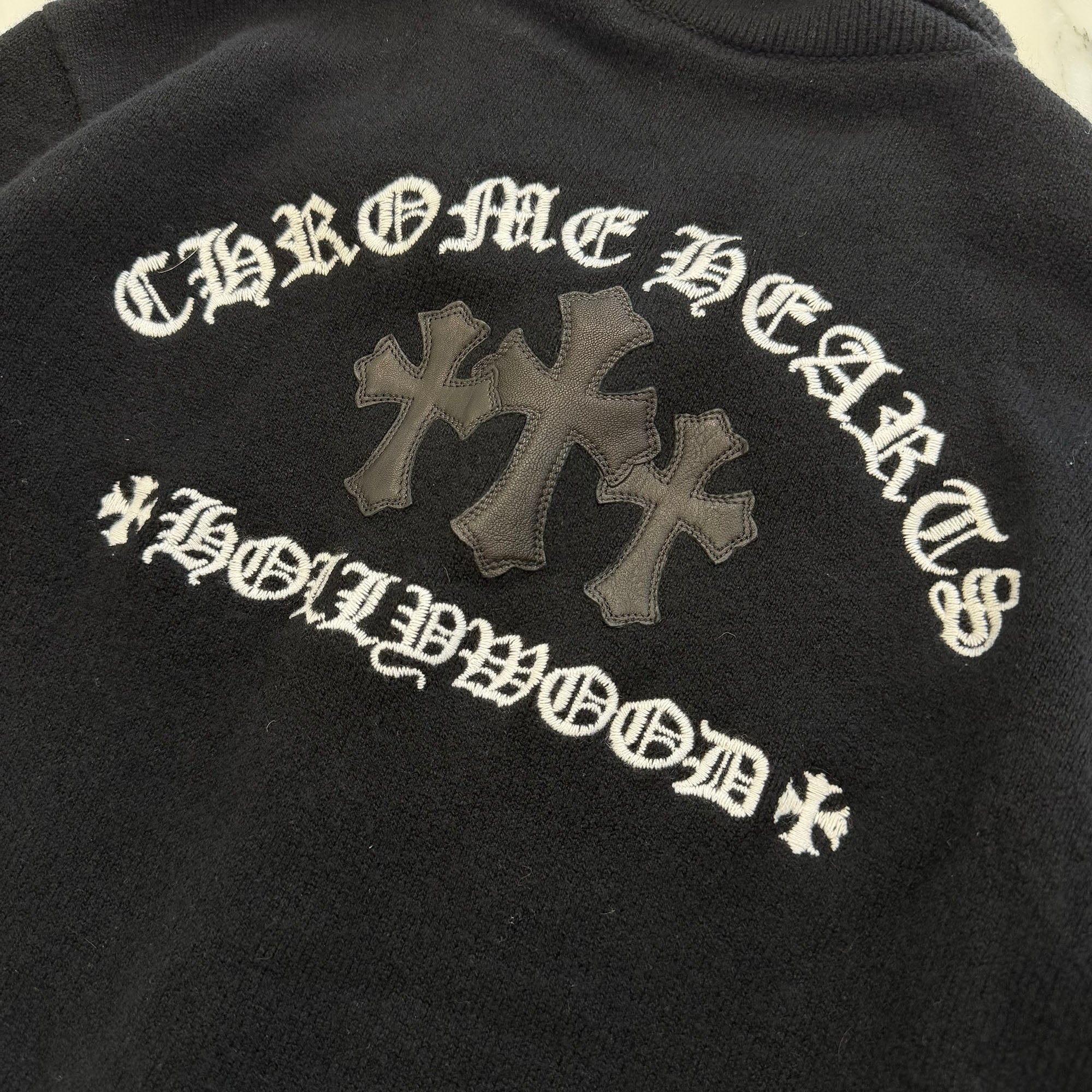 CHROME HEARTS Y NOT King Taco 3 Cemetery Cross Leather Patch Cashmere Knit Cardigan Size XL クロムハーツ ワイノット キングタコ 3セメタリークロスレザーパッチ カシミアニット カーディガン サイズXL