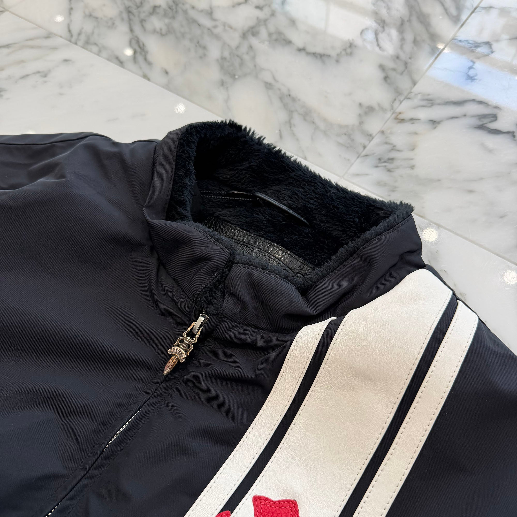 CHROME HEARTS Red 3 Cross Leather Patch Racing Zip Up Jacket Size