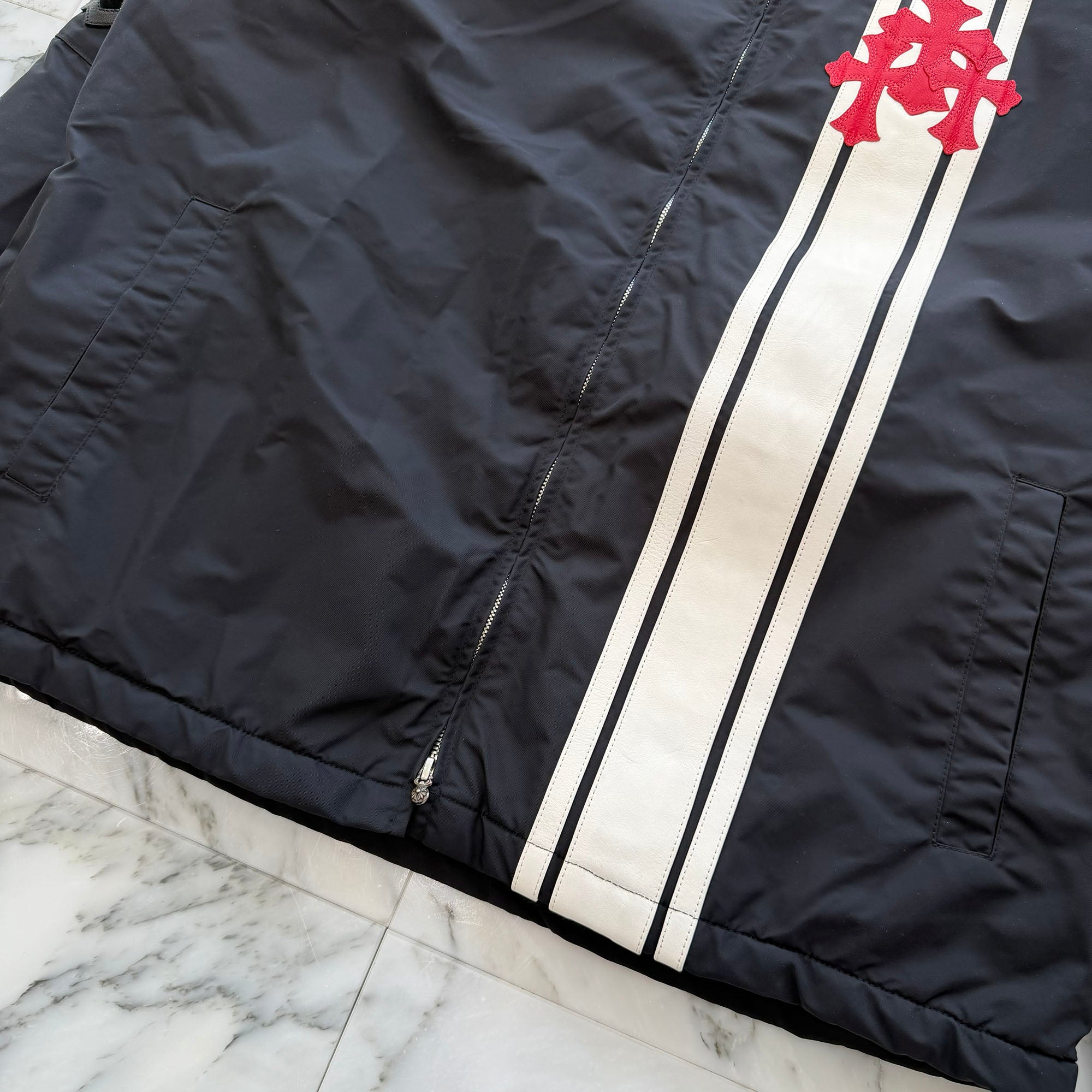CHROME HEARTS Red 3 Cross Leather Patch Racing Zip Up Jacket Size