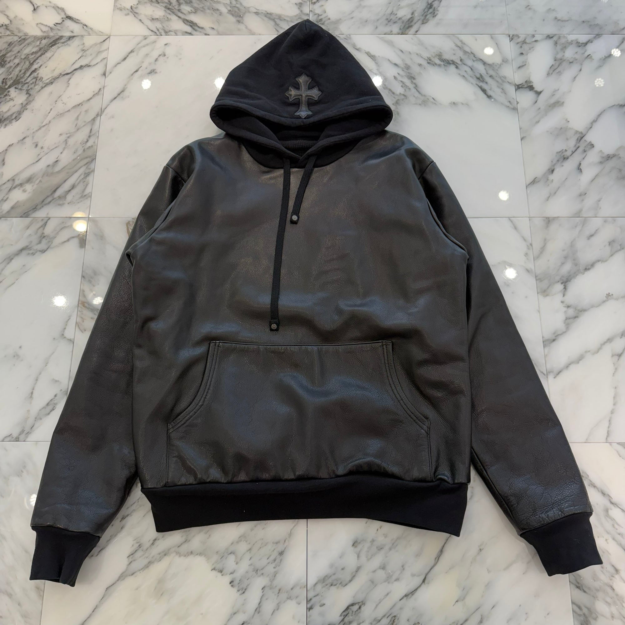 CHROME HEARTS 1 Cross Leather Patch Pullover Leather Hoodie Size M クロムハーツ 1クロスレザーパッチ プルオーバー レザーフーディ サイズM