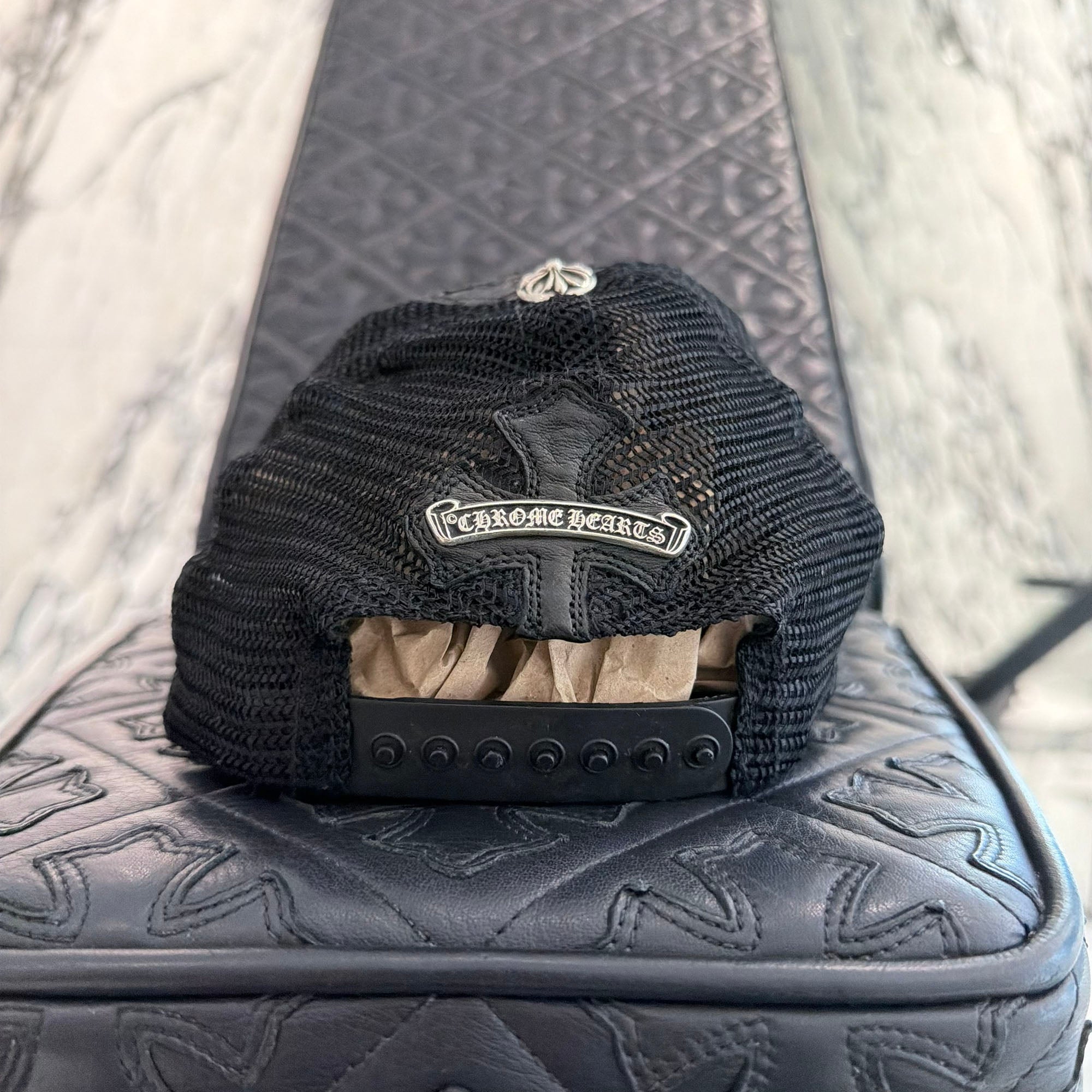 CHROME HEARTS Cemetary Cross Leather Patch Trucker Cap クロムハーツ セメタリークロス レザーパッチ トラッカーキャップ