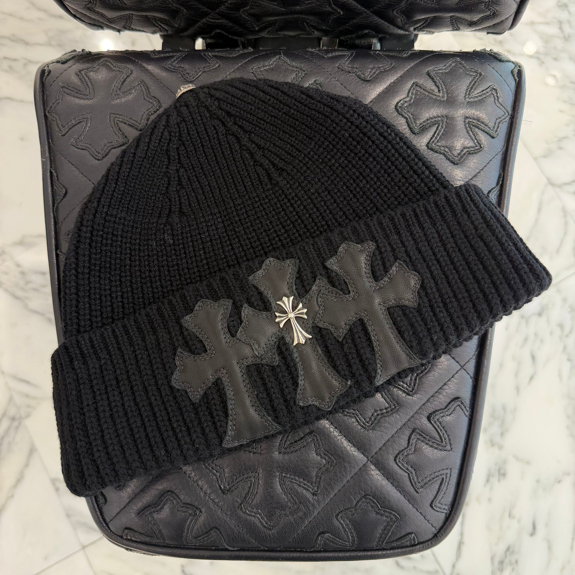 CHROME HEARTS Cashmere Leather 3 Cross Patch Beanie Size ONE SIZE