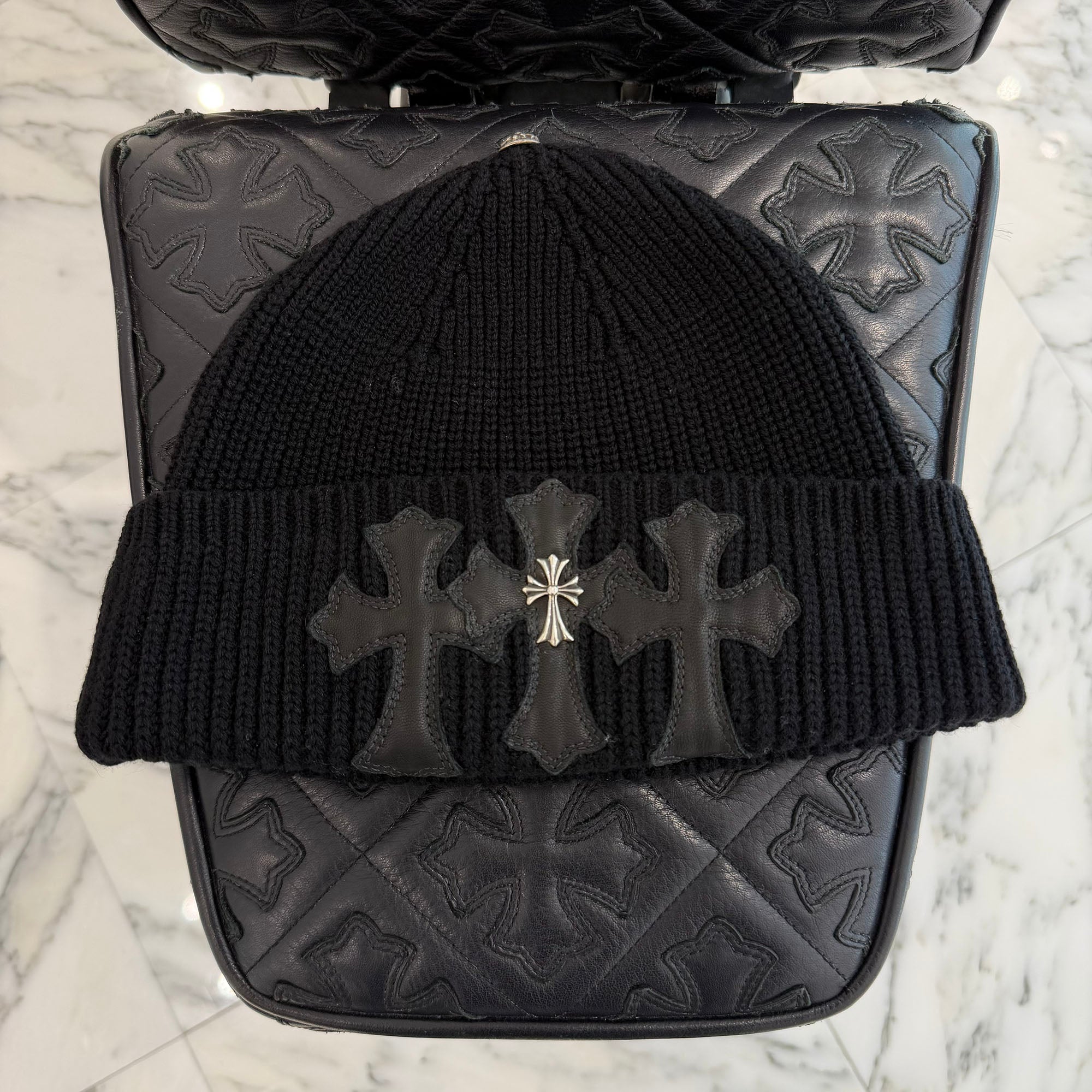 CHROME HEARTS Cashmere Leather 3 Cross Patch Beanie Size ONE SIZE (22cm) クロムハーツ カシミヤ レザー 3クロスパッチ ビーニー サイズONE SIZE (22cm)