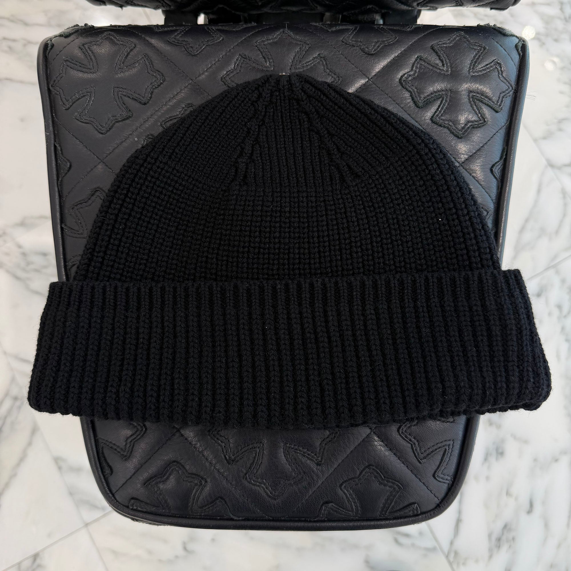 クロムハーツ ビーニー カシミア レザーパッチ ブラック CHROME HEARTS Cashmere Leather 3 Cross Patch Beanie Size ONE SIZE