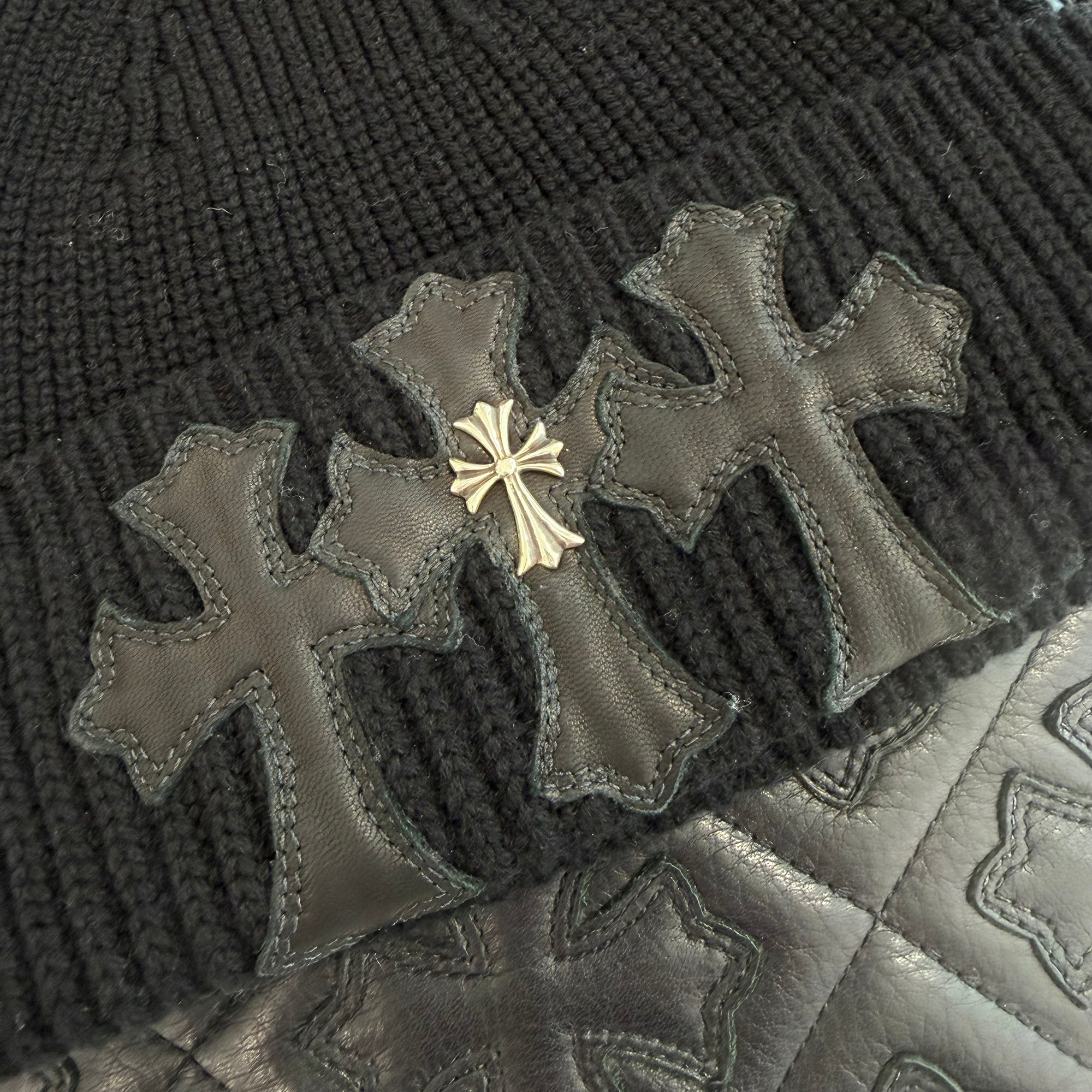 CHROME HEARTS Cashmere Leather 3 Cross Patch Beanie Size ONE SIZE