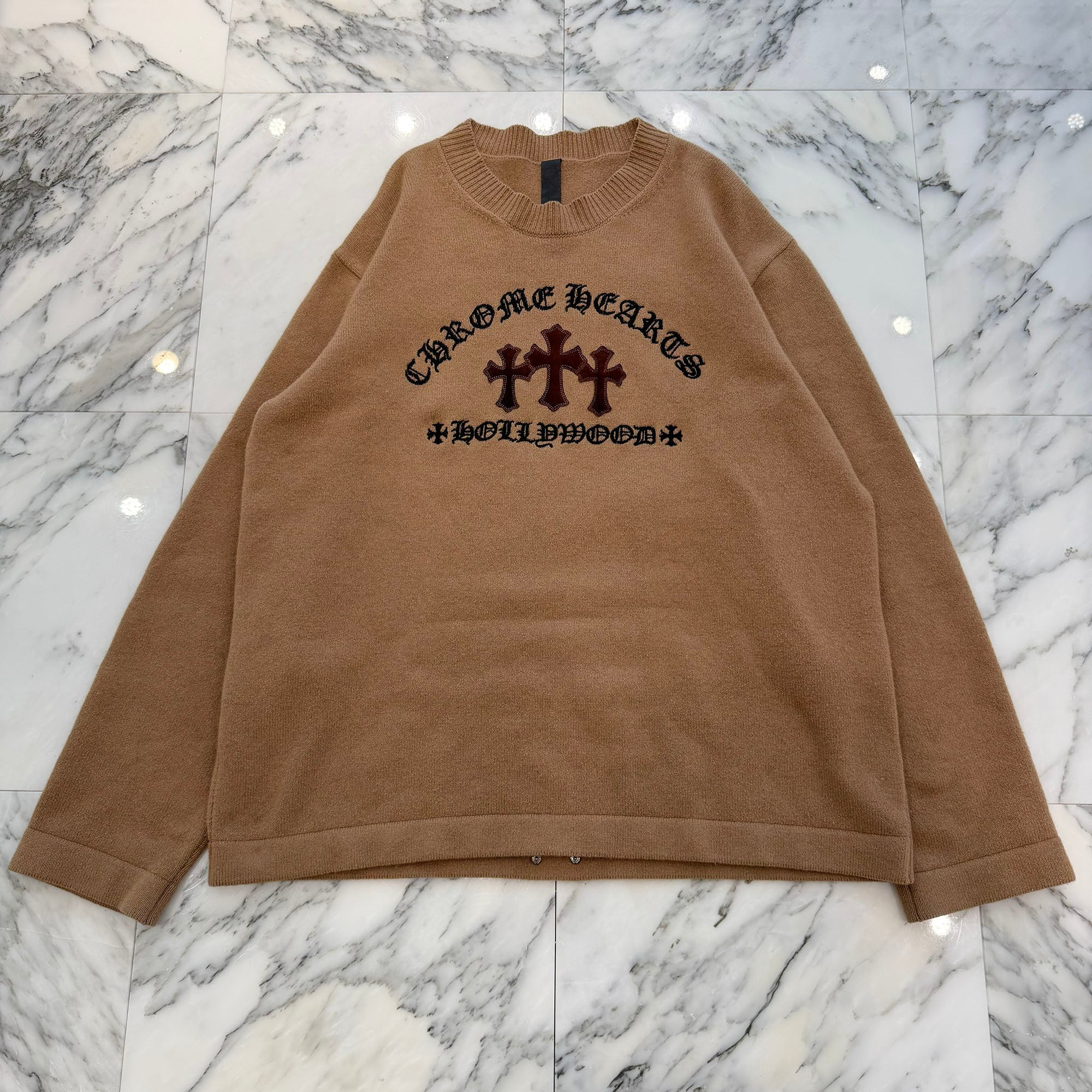 CHROME HEARTS Y NOT King Taco 3 Cemetery Cross Leather Patch Cashmere Knit Crew Neck Sweater Size XL クロムハーツ ワイノット キングタコ 3セメタリークロスレザーパッチ カシミアニット セーター サイズXL