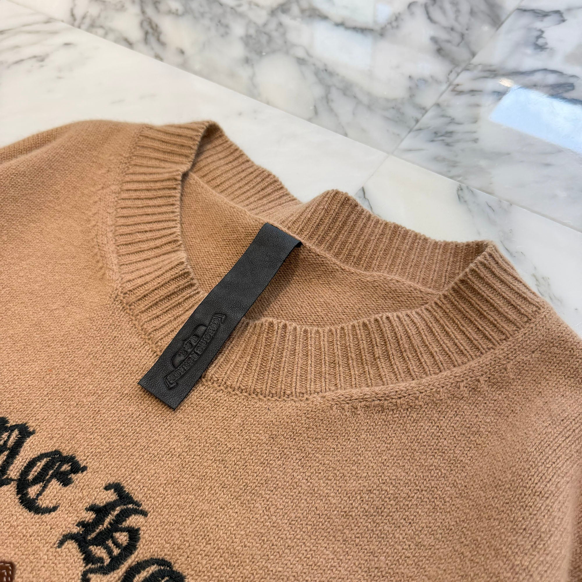 CHROME HEARTS Y NOT King Taco 3 Cemetery Cross Leather Patch Cashmere Knit Crew Neck Sweater Size XL クロムハーツ ワイノット キングタコ 3セメタリークロスレザーパッチ カシミアニット セーター サイズXL