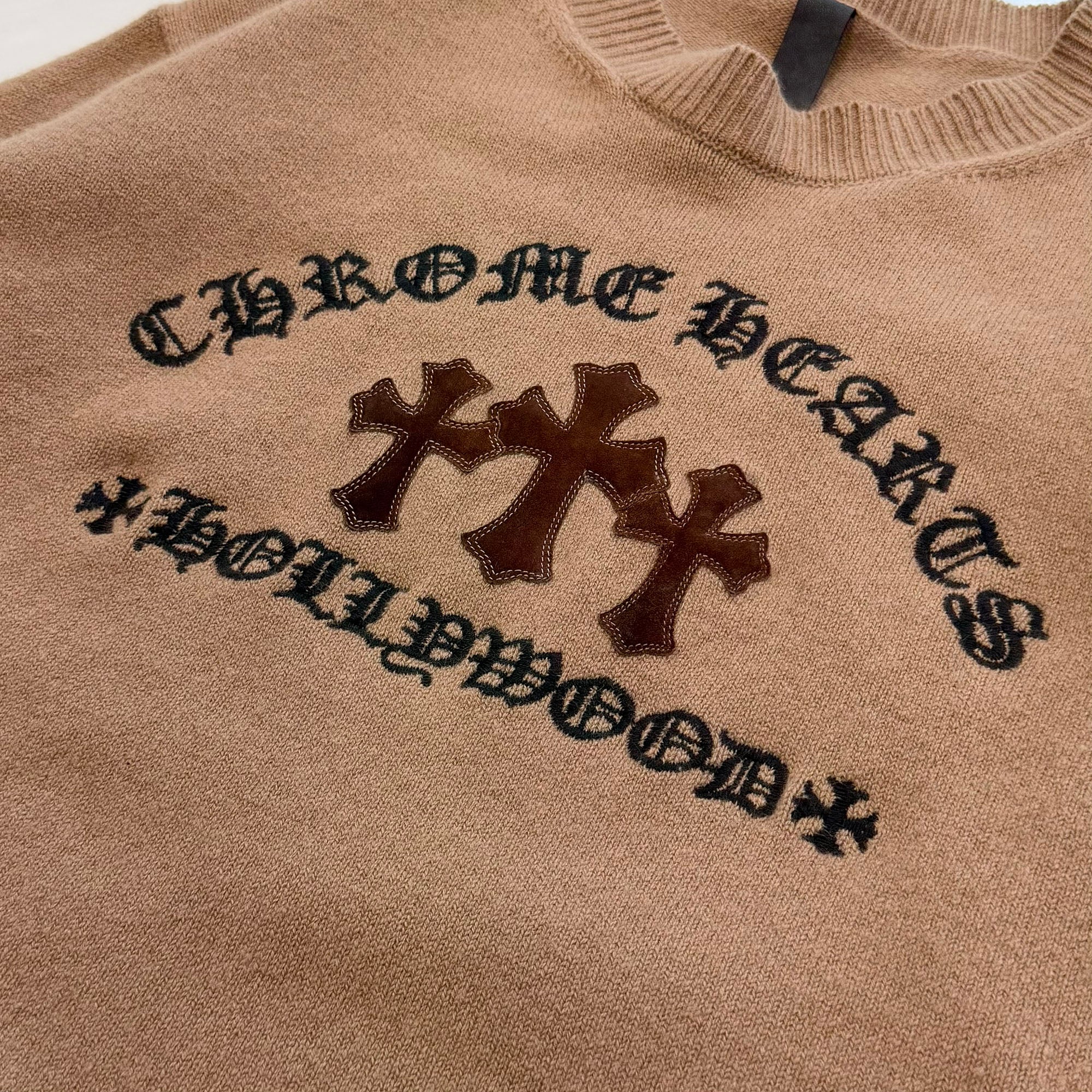 CHROME HEARTS Y NOT King Taco 3 Cemetery Cross Leather Patch Cashmere Knit Crew Neck Sweater Size XL クロムハーツ ワイノット キングタコ 3セメタリークロスレザーパッチ カシミアニット セーター サイズXL