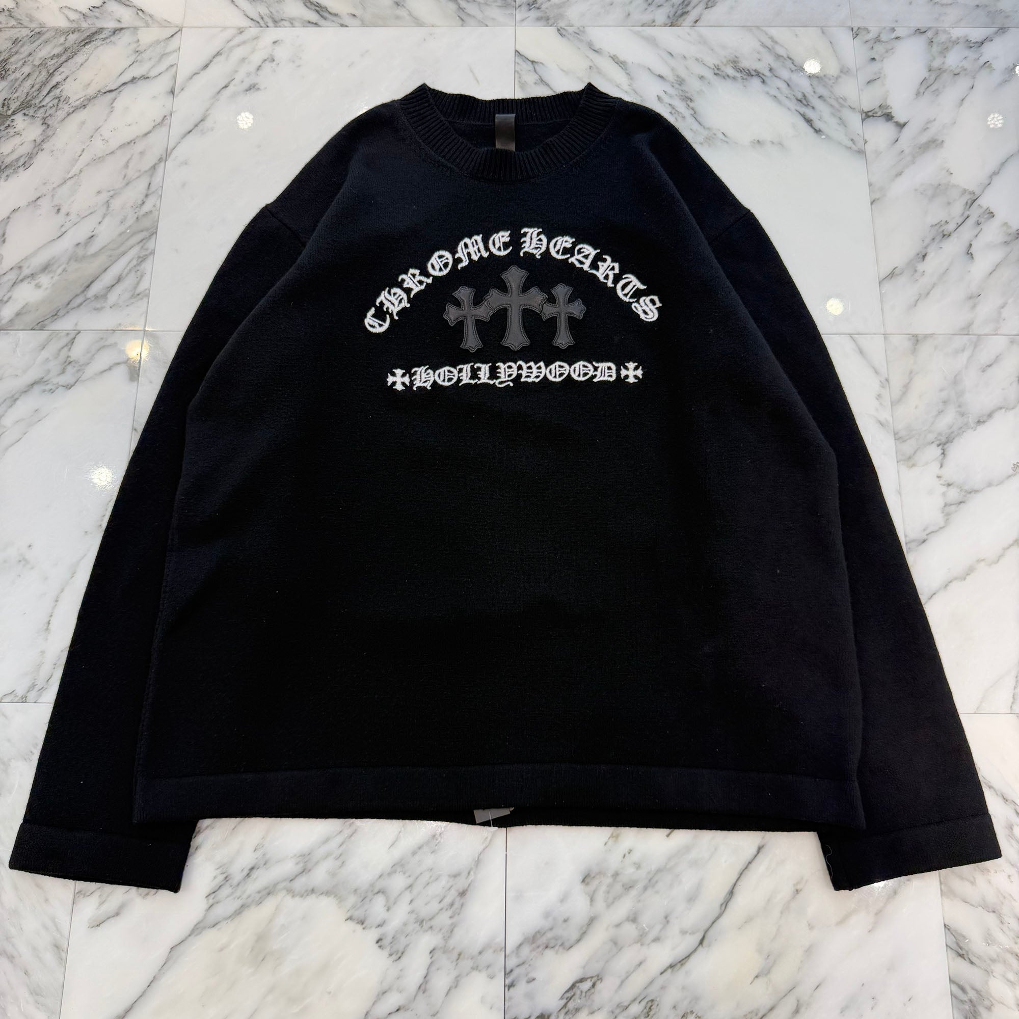 CHROME HEARTS Y NOT King Taco 3 Cemetery Cross Leather Patch Cashmere Knit Sweater Size XXL クロムハーツ ワイノット キングタコ 3セメタリークロス レザーパッチ カシミヤ ニットセーター サイズXXL
