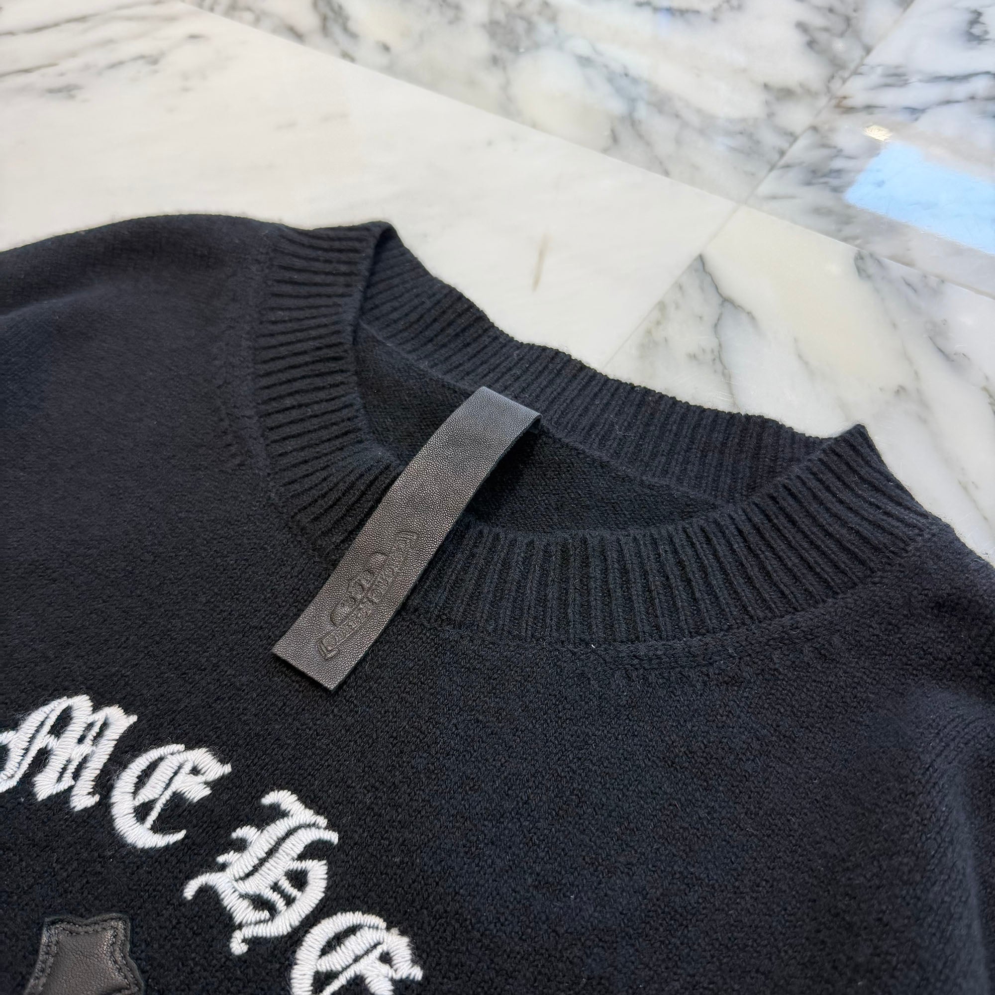 CHROME HEARTS Y NOT King Taco 3 Cemetery Cross Leather Patch Cashmere Knit Sweater Size XXL クロムハーツ ワイノット キングタコ 3セメタリークロス レザーパッチ カシミヤ ニットセーター サイズXXL