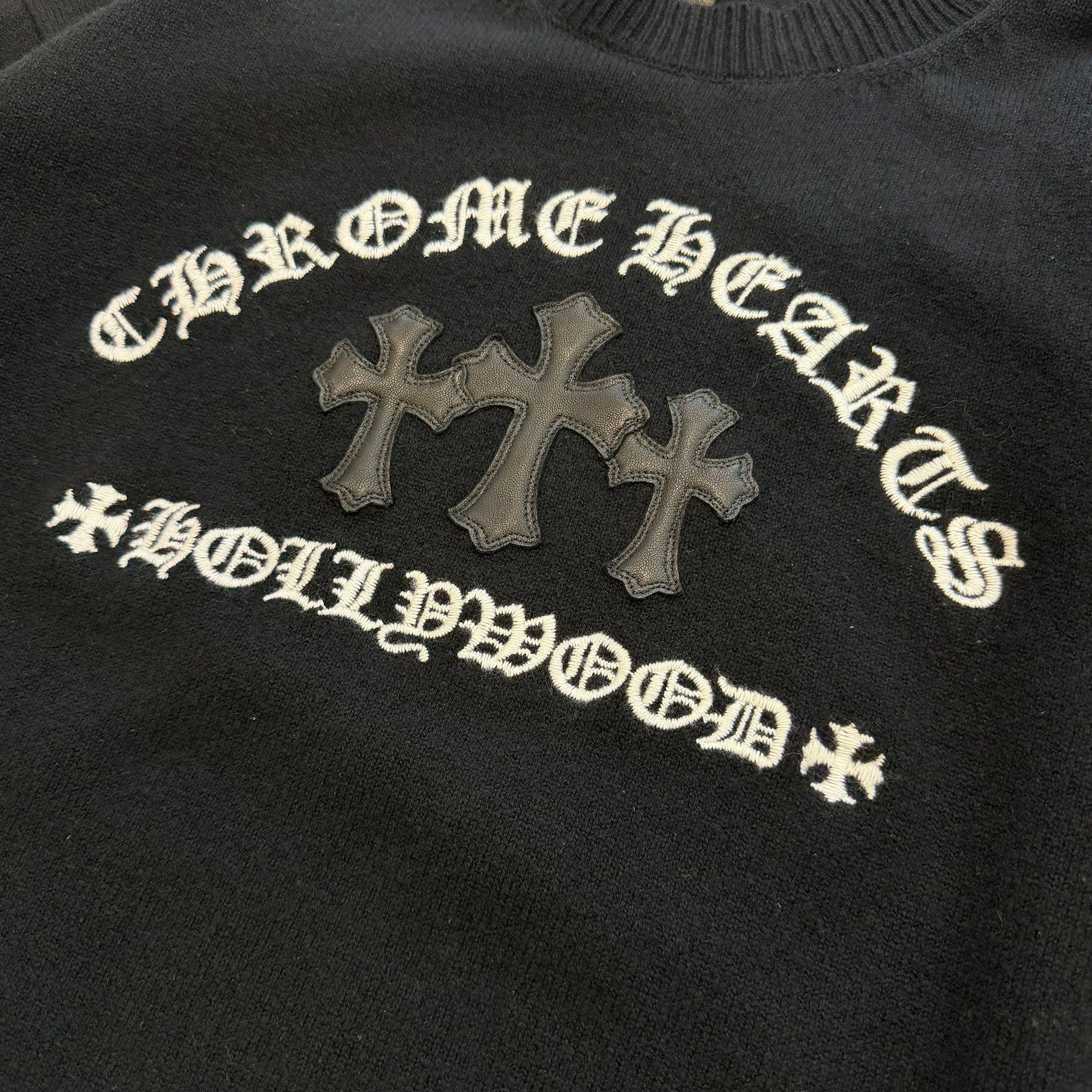 CHROME HEARTS Y NOT King Taco 3 Cemetery Cross Leather Patch Cashmere Knit Sweater Size XXL クロムハーツ ワイノット キングタコ 3セメタリークロス レザーパッチ カシミヤ ニットセーター サイズXXL
