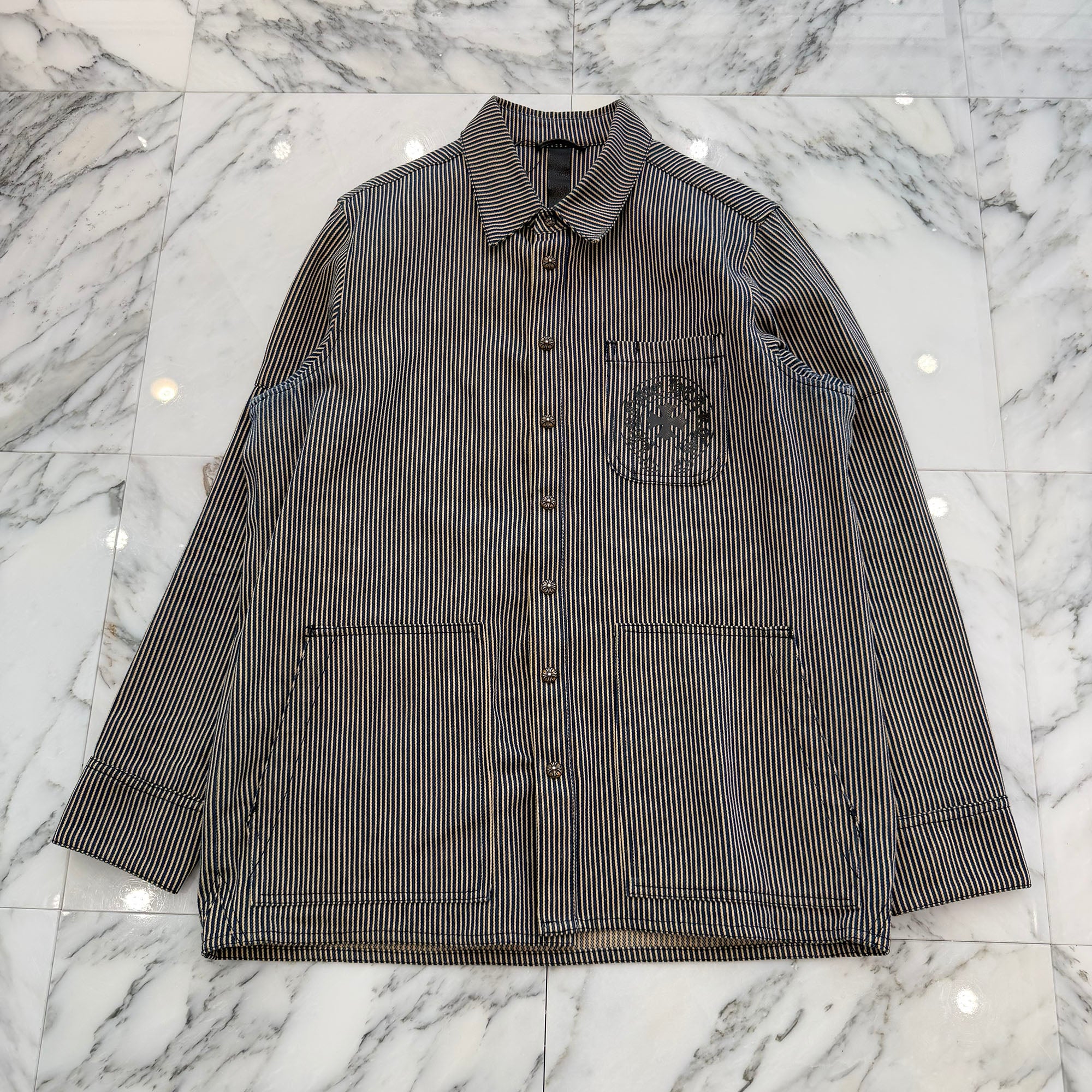 CHROME HEARTS Y NOT WORK DOG Striple Horseshoe Print Cotton Shirt Jacket Size L クロムハーツ ワイノット ワークドッグ ストライプ ホースシュー プリント コットン シャツジャケット サイズL