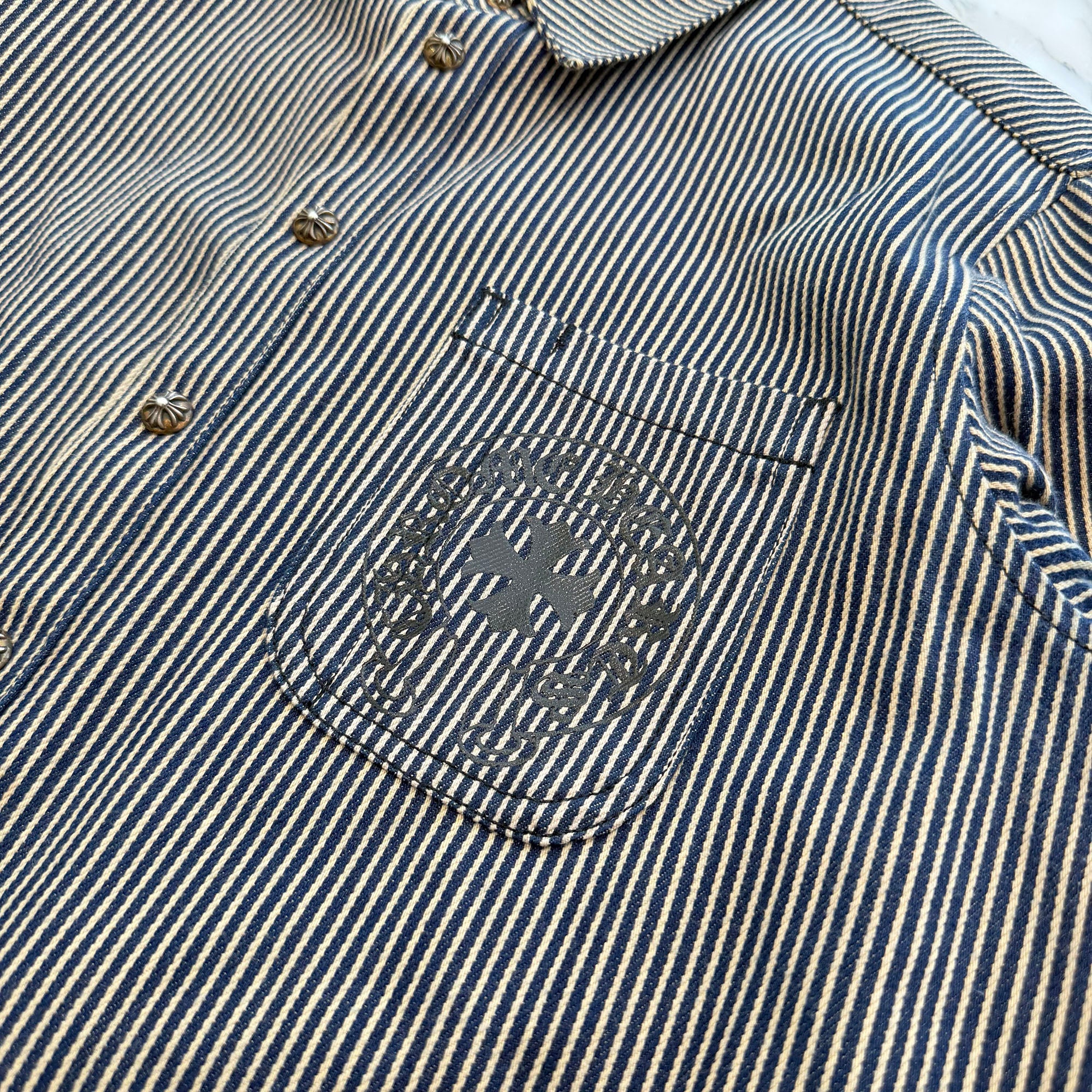 CHROME HEARTS Y NOT WORK DOG Striple Horseshoe Print Cotton Shirt Jacket Size L クロムハーツ ワイノット ワークドッグ ストライプ ホースシュー プリント コットン シャツジャケット サイズL