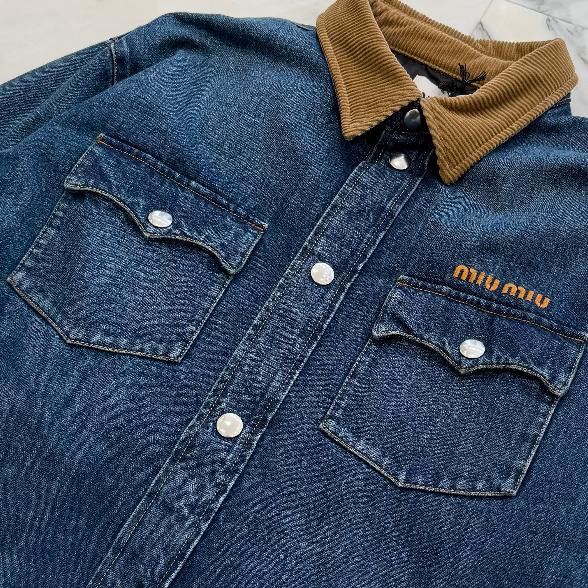 MIU MIU 2024AW Corduroy Trimmed Denim Down Jacket GWB234 S000 1575 Size 44 ミュウミュウ コーデュロイ トリム デニム ダウンジャケット サイズ44