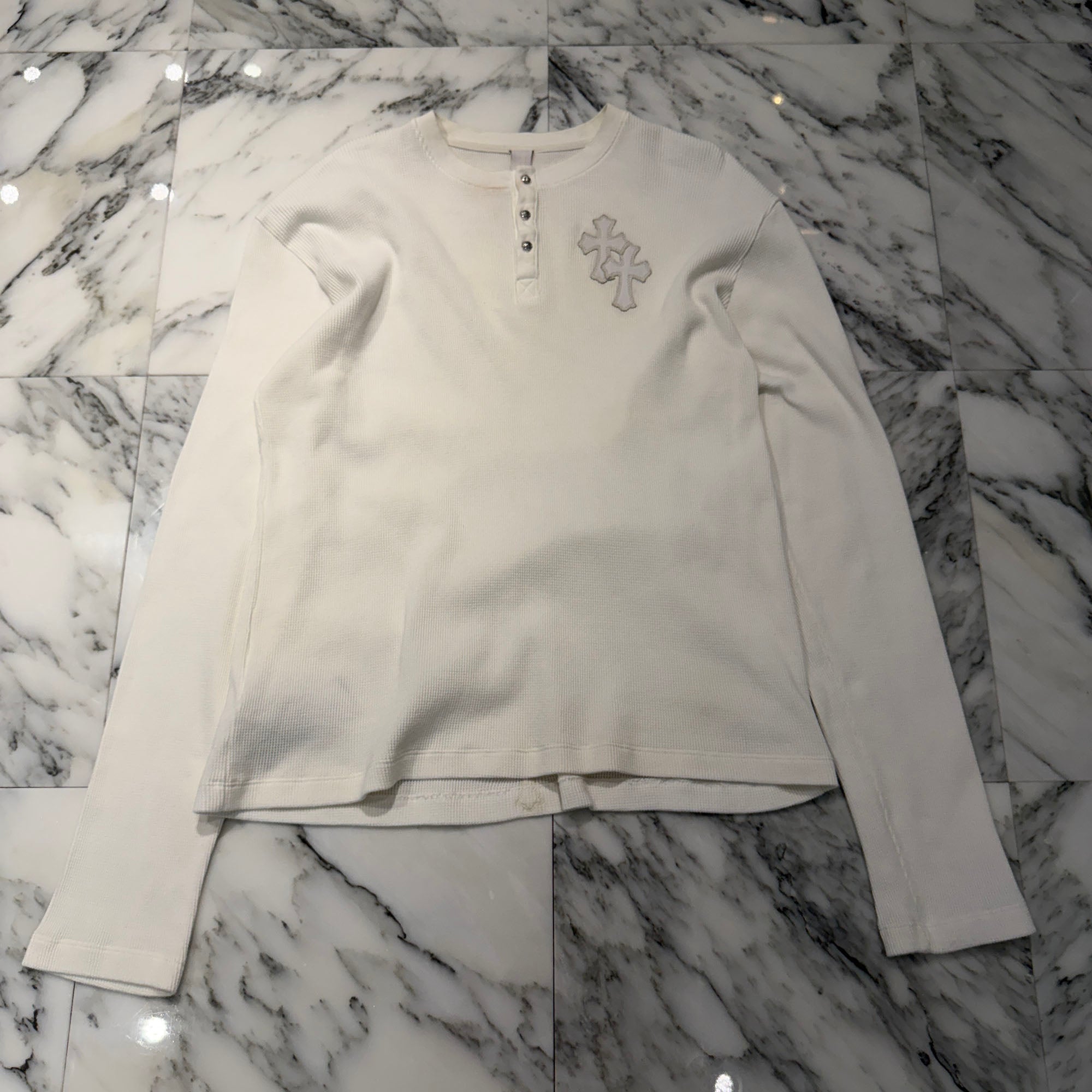 CHROME HEARTS Y NOT Leather Cross Patch Polo Thermal Long Sleeve Tee Size XL クロムハーツ ワイノット レザークロスパッチ ポロ サーマル ロングスリーブ Tシャツ サイズXL