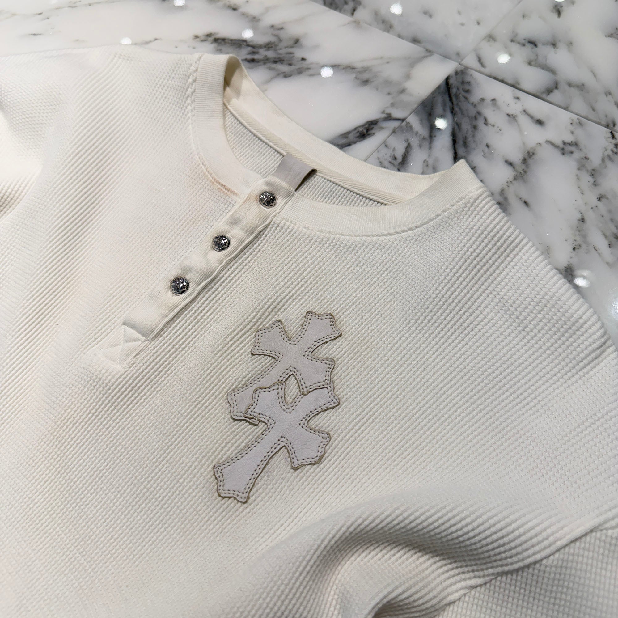CHROME HEARTS Y NOT Leather Cross Patch Polo Thermal Long Sleeve Tee Size XL クロムハーツ ワイノット レザークロスパッチ ポロ サーマル ロングスリーブ Tシャツ サイズXL