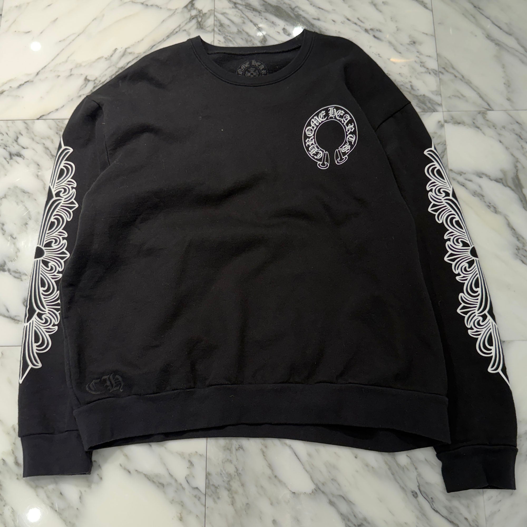 CHROME HEARTS Floral Cross Horseshoe Crewneck Sweat Shirts Size L クロムハーツ フローラルクロス ホースシュー クルーネック スウェットシャツ サイズL