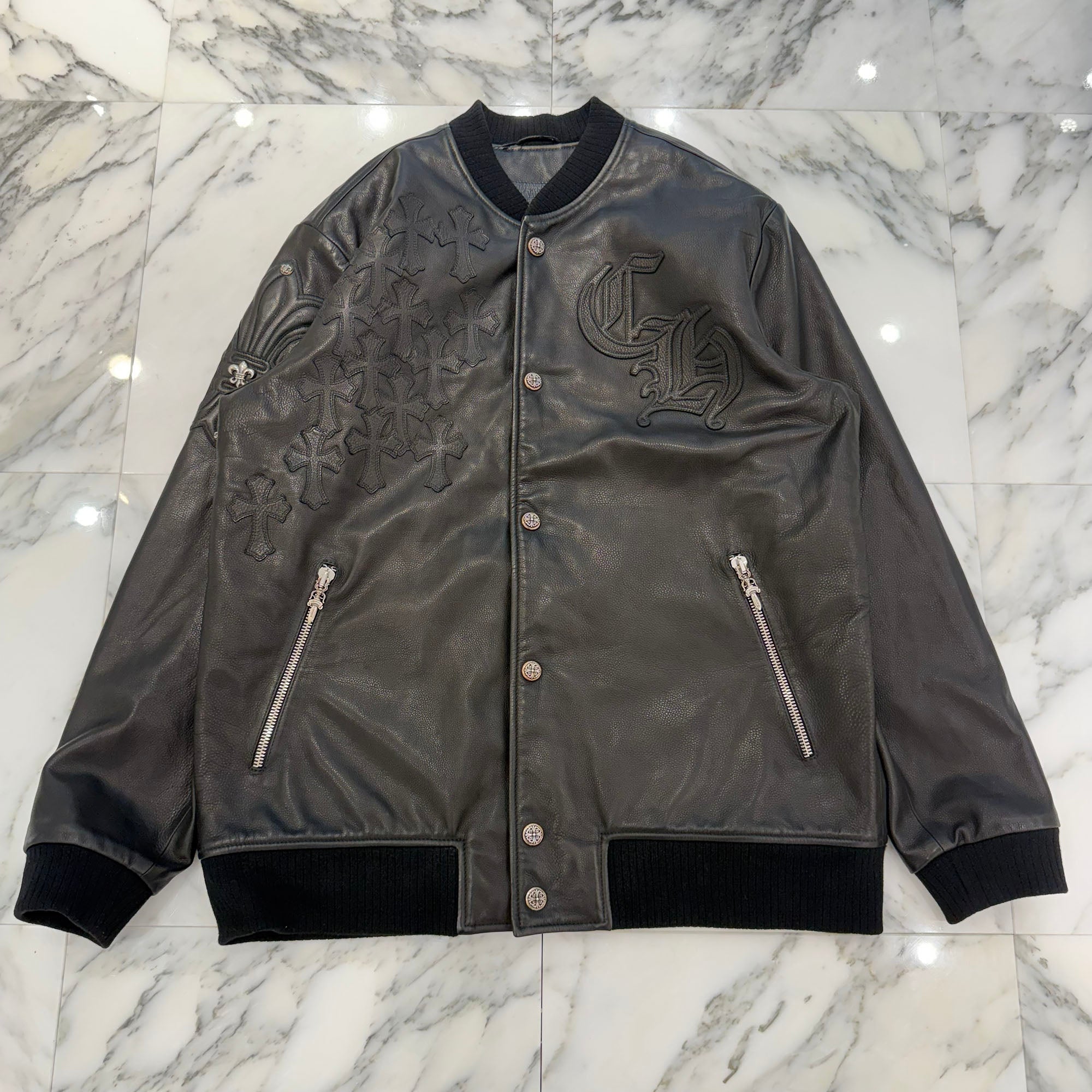 CHROME HEARTS LETTERMAN Cemetery Cross Patch Leather Blouson Jacket Size XL クロムハーツ レターマン セメタリークロスパッチ レザーブルゾンジャケット サイズXL