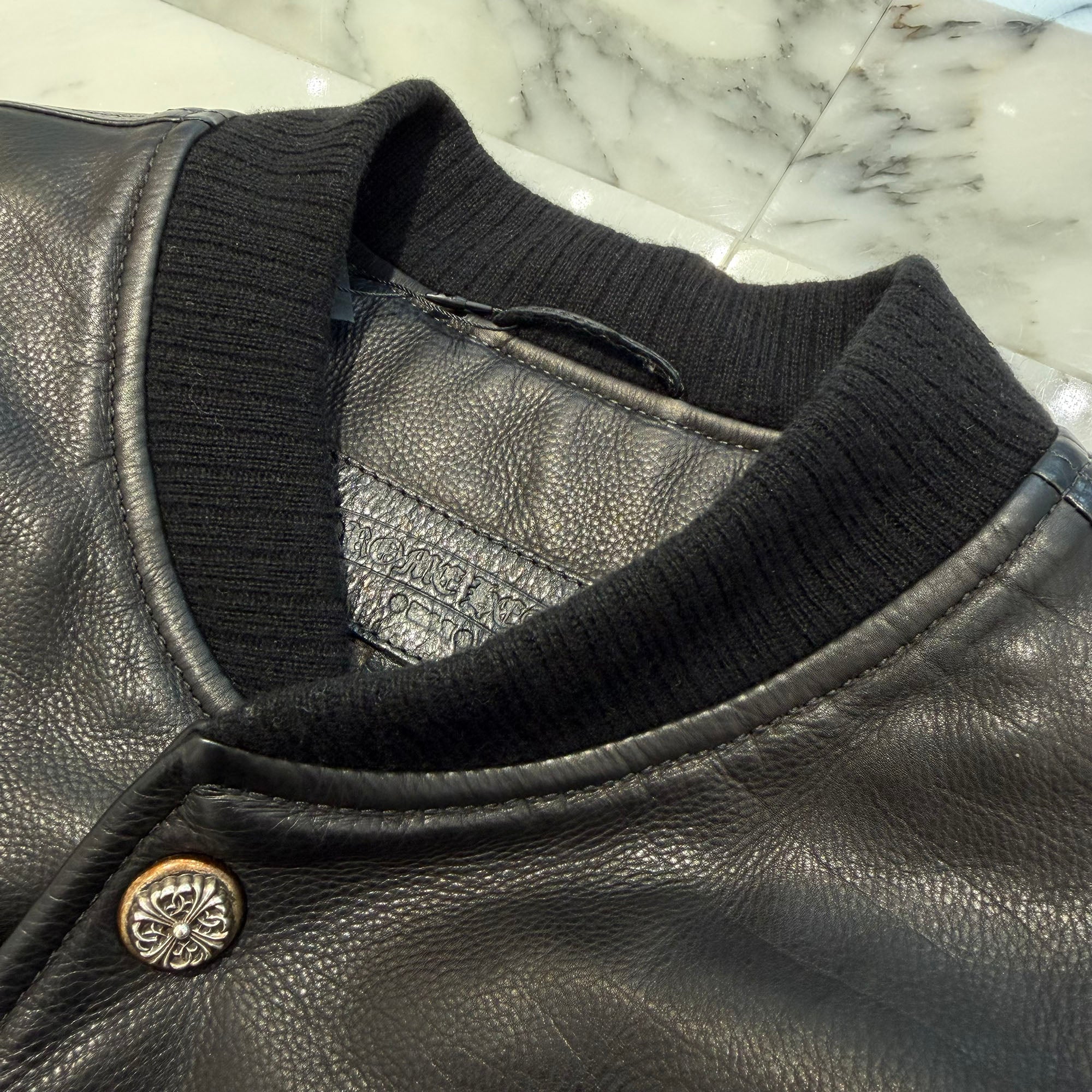 CHROME HEARTS LETTERMAN Cemetery Cross Patch Leather Blouson Jacket Size XL クロムハーツ レターマン セメタリークロスパッチ レザーブルゾンジャケット サイズXL