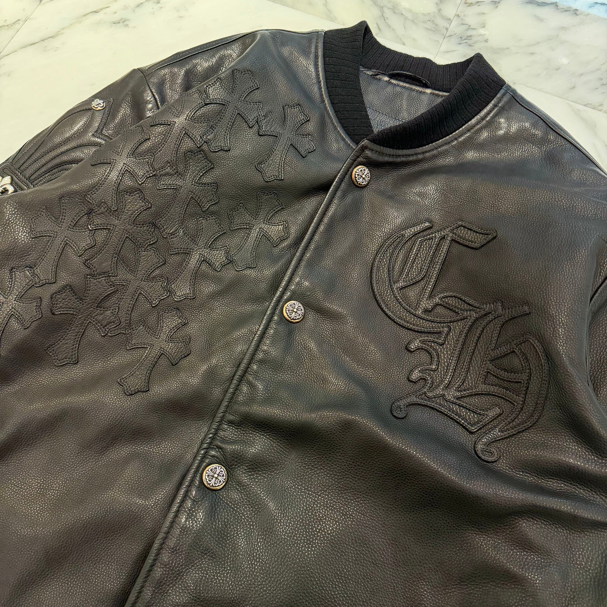 CHROME HEARTS LETTERMAN Cemetery Cross Patch Leather Blouson Jacket Size XL クロムハーツ レターマン セメタリークロスパッチ レザーブルゾンジャケット サイズXL