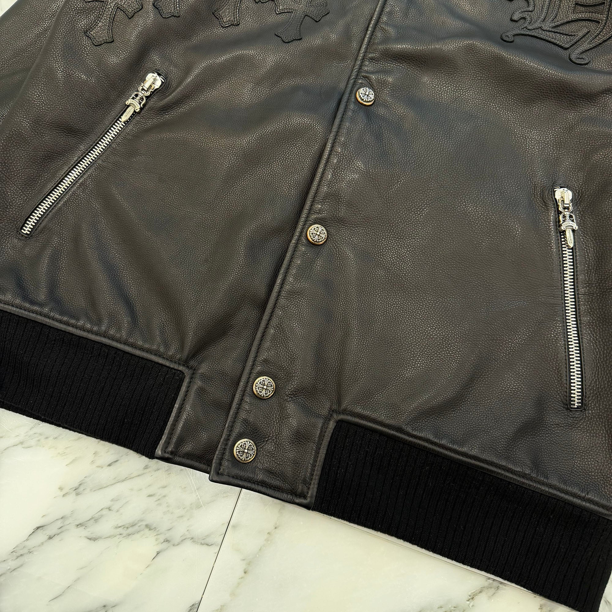 CHROME HEARTS LETTERMAN Cemetery Cross Patch Leather Blouson Jacket Size XL クロムハーツ レターマン セメタリークロスパッチ レザーブルゾンジャケット サイズXL